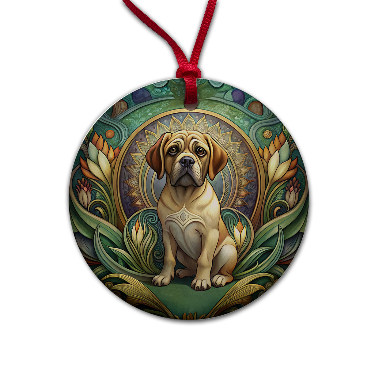 Puggle Dog Art Nouveau Round Ceramic Holiday Christmas Tree Ornament