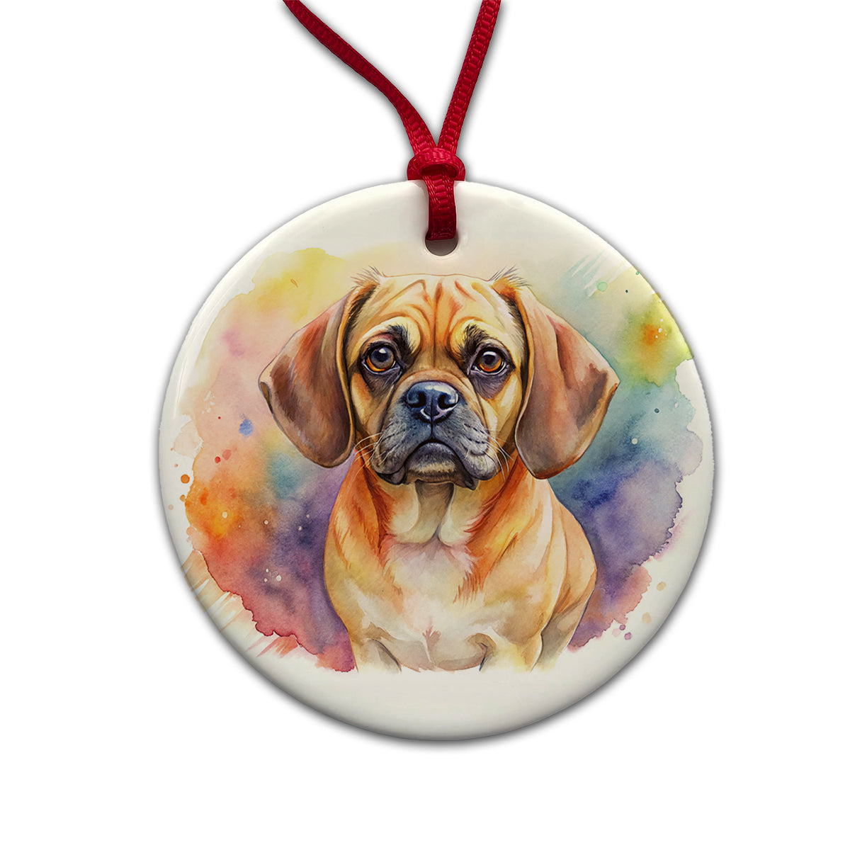 Puggle Dog Watercolor Style Round Ceramic Holiday Christmas Tree Ornament