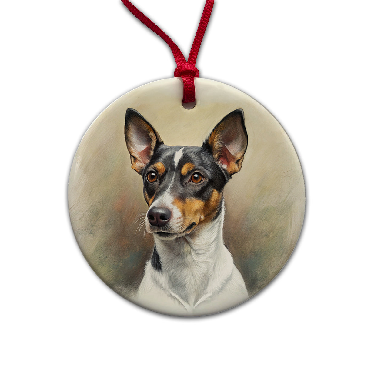 Rat Terrier Dog Illustration Round Ceramic Holiday Christmas Tree Ornament