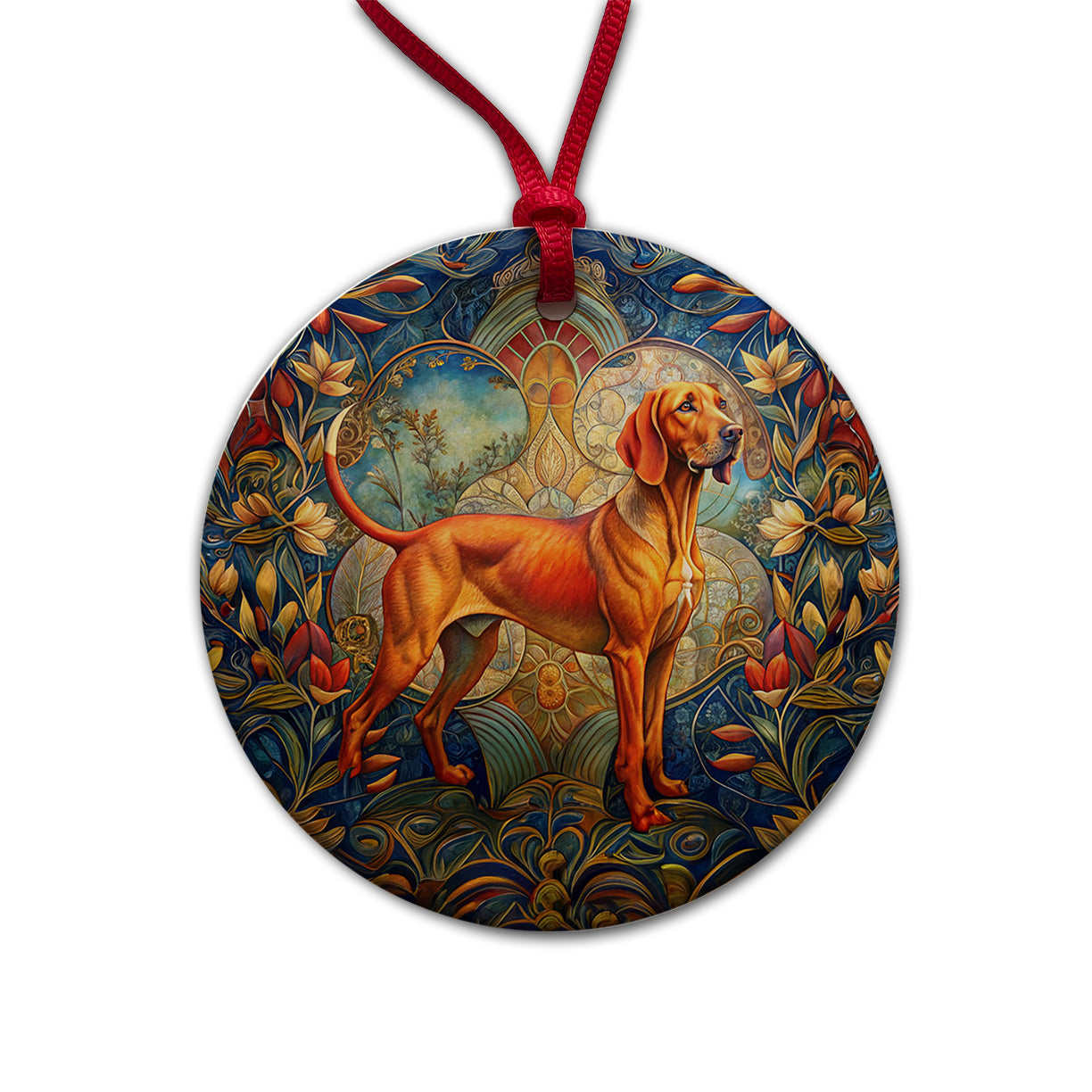 Redbone Coonhound Dog Art Nouveau Round Ceramic Holiday Christmas Tree Ornament