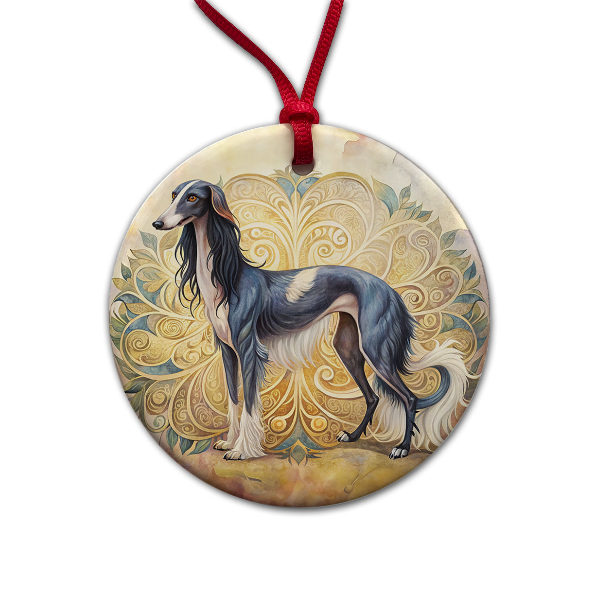 Saluki Dog Art Nouveau Round Ceramic Holiday Christmas Tree Ornament