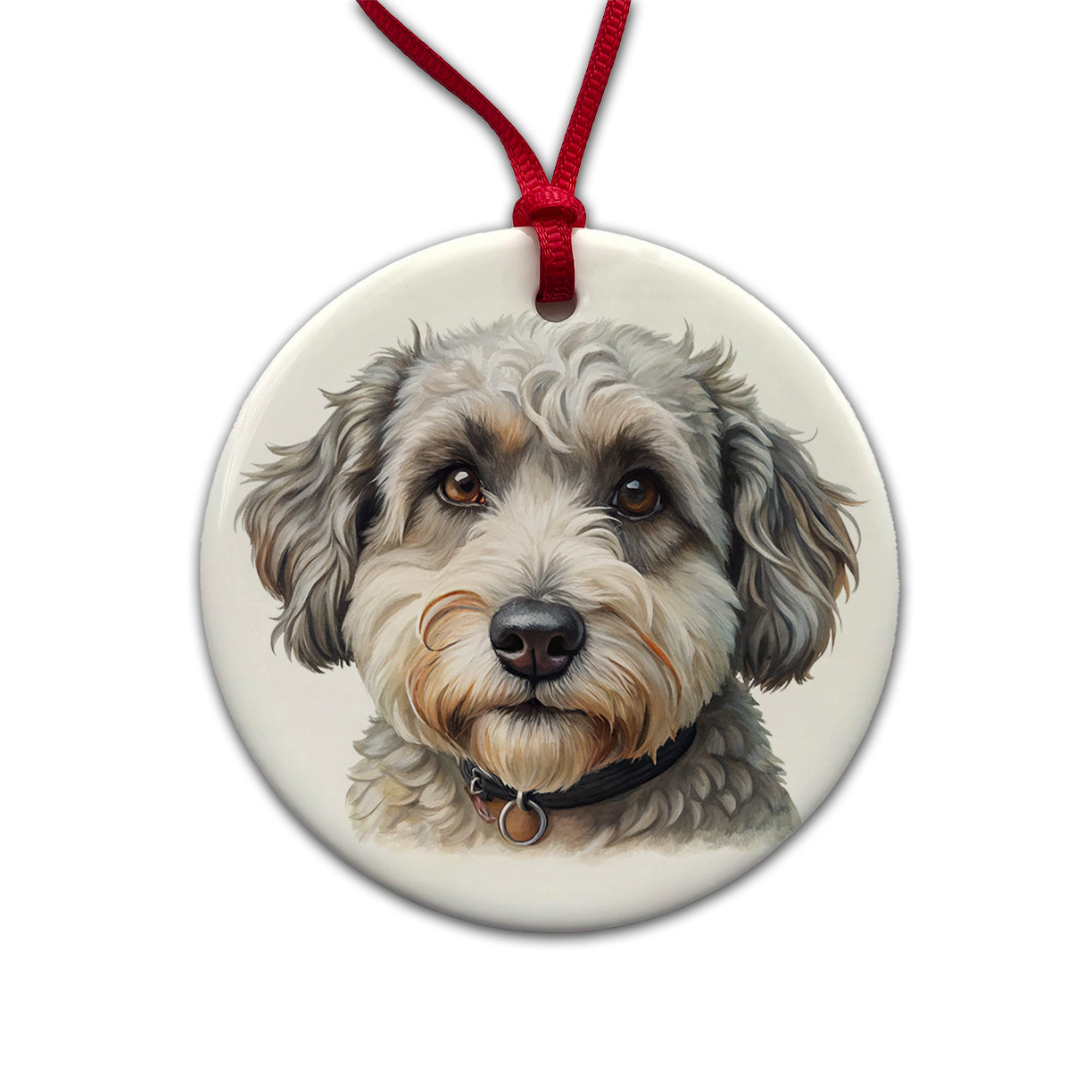 Schnoodle Dog Illustration Round Ceramic Holiday Christmas Tree Ornament