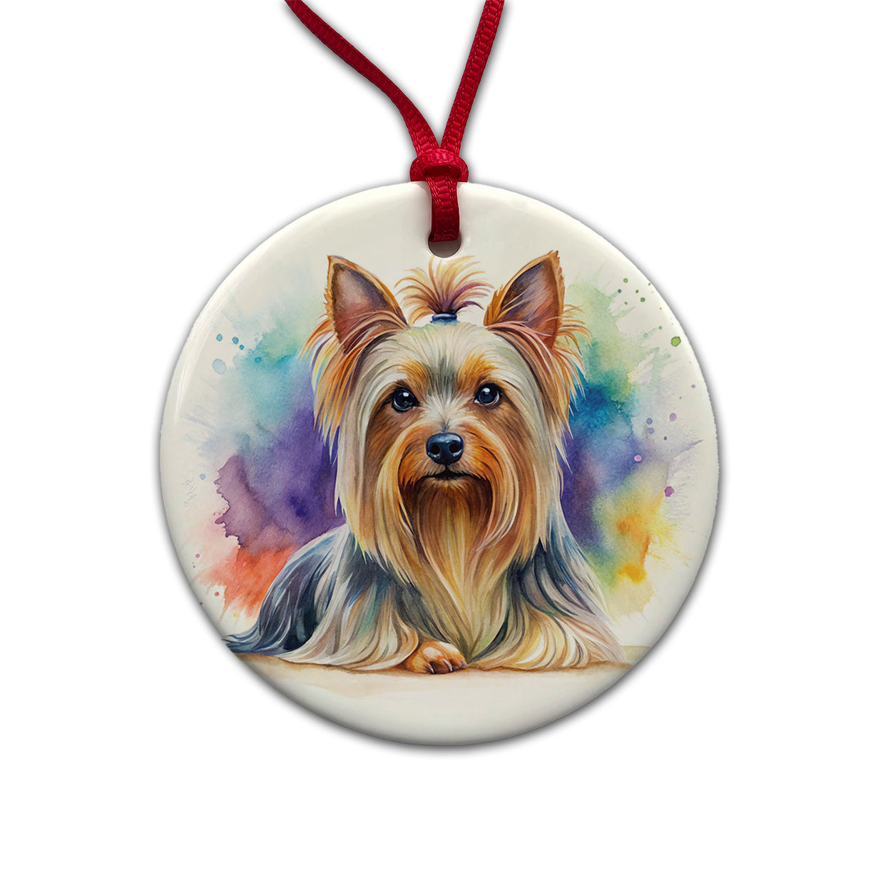 Silky Terrier Dog Watercolor Style Round Ceramic Holiday Christmas Tree Ornament