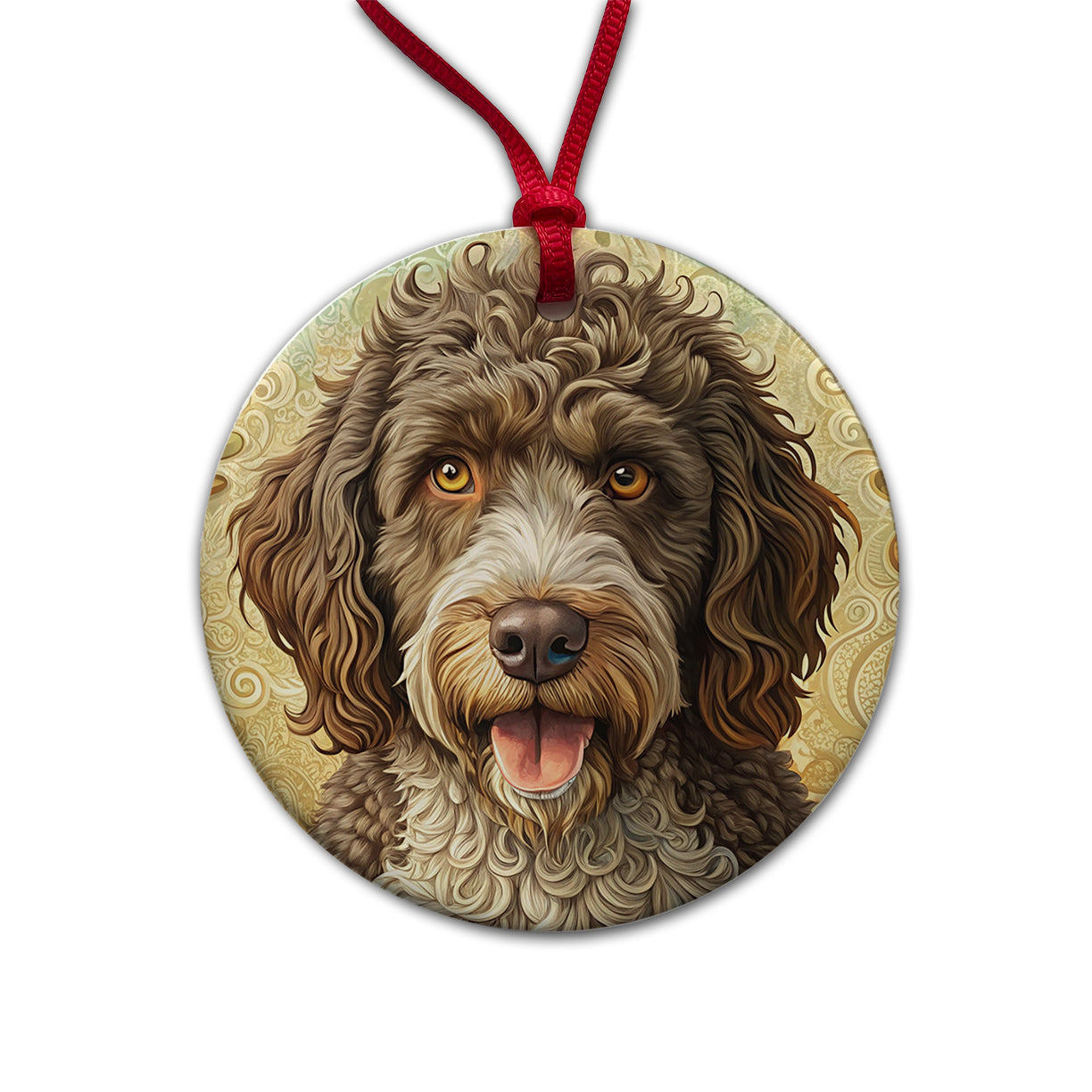 Spanish Water Dog Art Nouveau Round Ceramic Holiday Christmas Tree Ornament