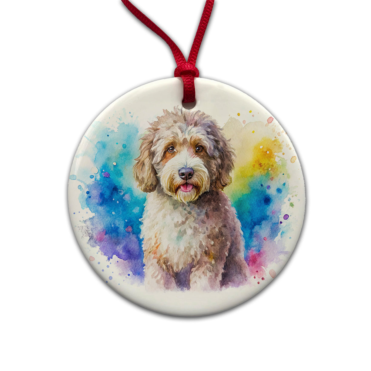 Spanish Water Dog Watercolor Style Round Ceramic Holiday Christmas Tree Ornament