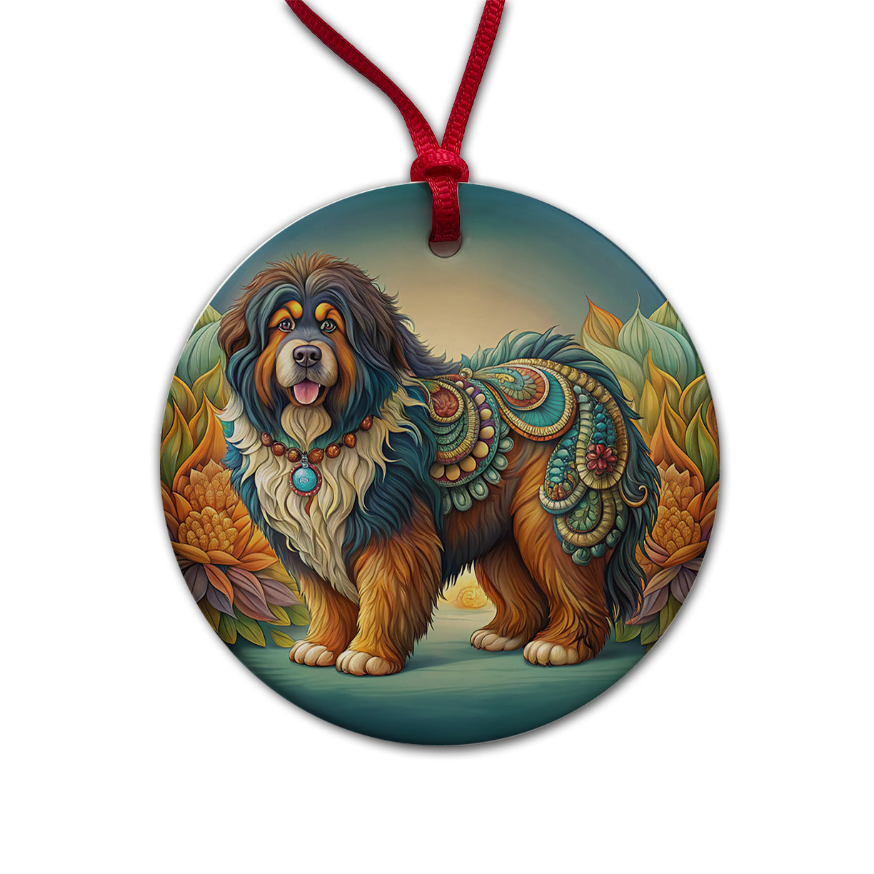 Tibetan Mastiff Dog Art Nouveau Round Ceramic Holiday Christmas Tree Ornament