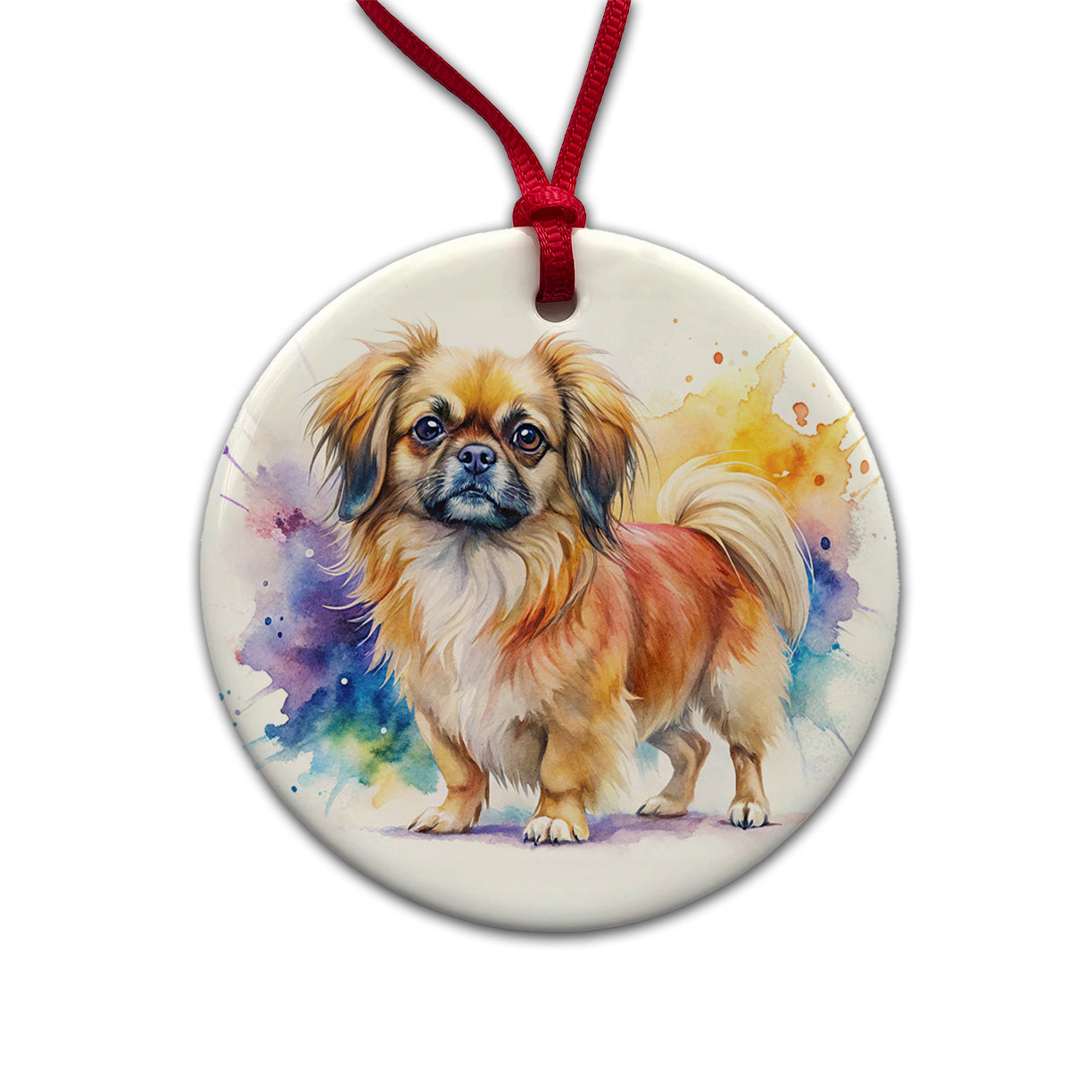 Tibetan Spaniel Dog Watercolor Style Round Ceramic Holiday Christmas Tree Ornament