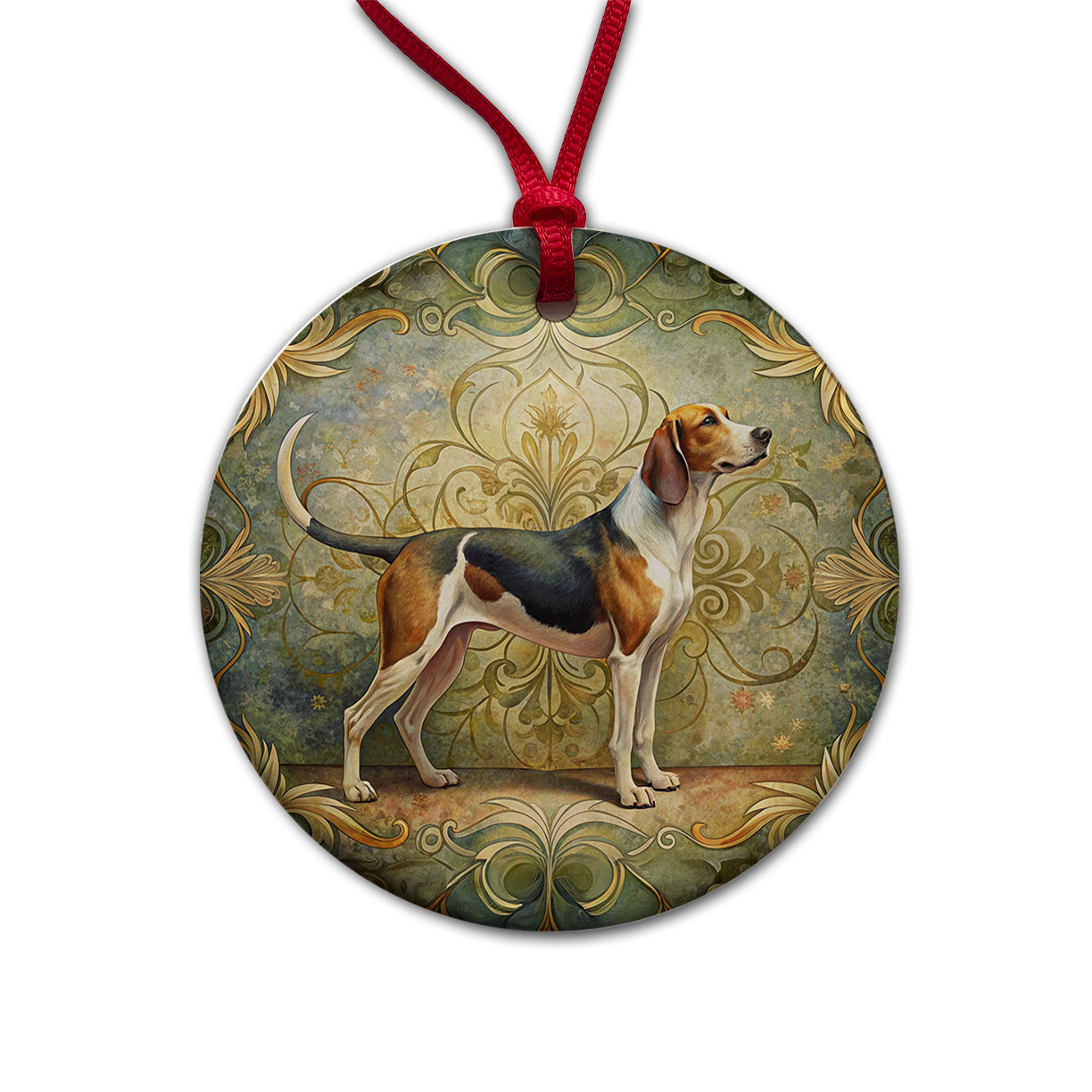 Treeing Walker Coonhound Dog Art Nouveau Round Ceramic Holiday Christmas Tree Ornament
