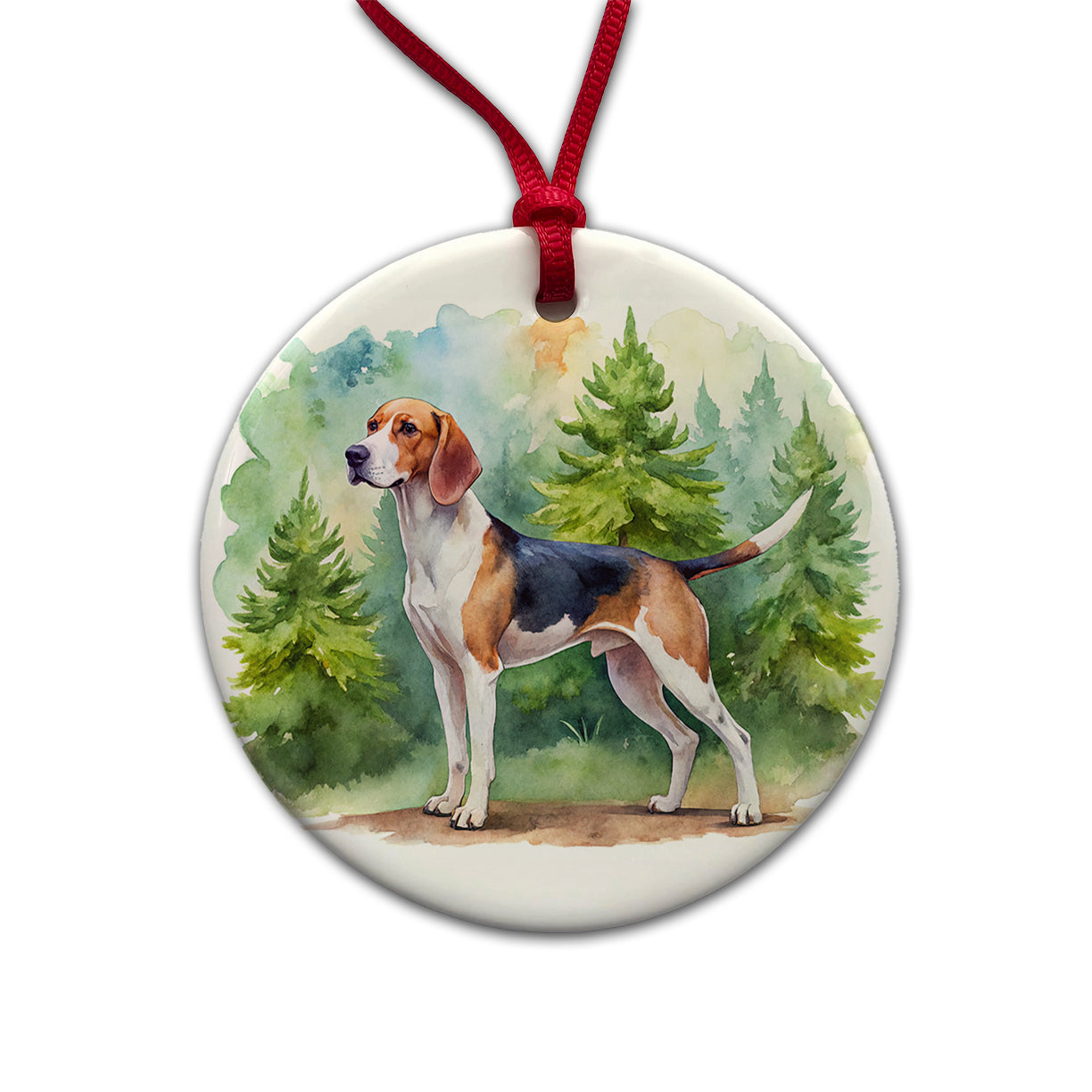 Treeing Walker Coonhound Dog Watercolor Style Round Ceramic Holiday Christmas Tree Ornament