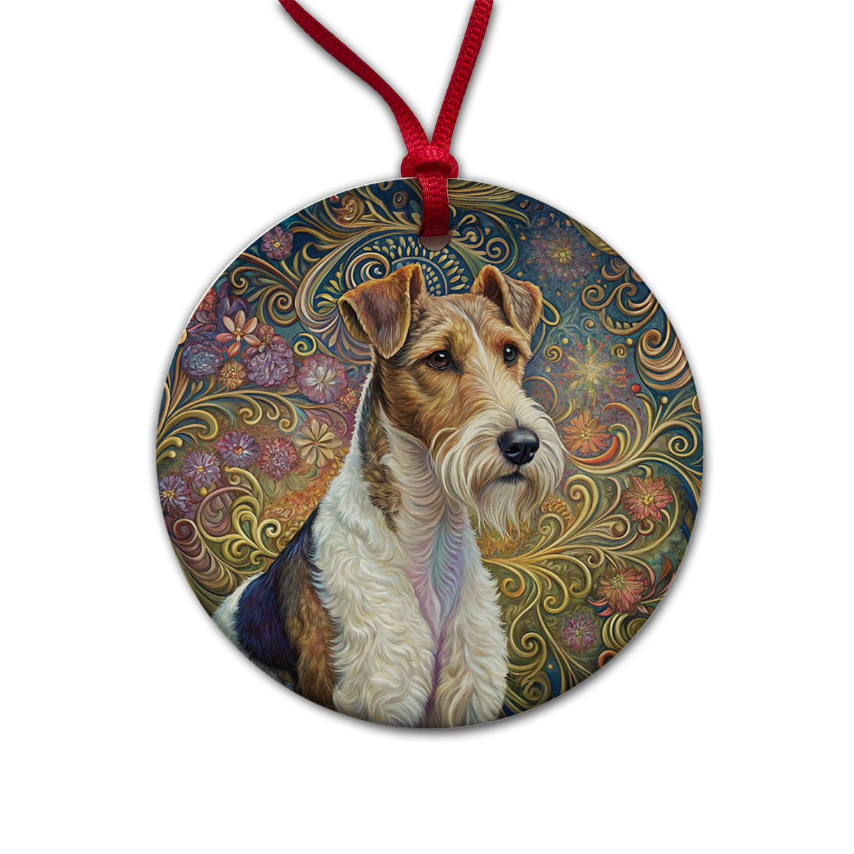 Wire Fox Terrier Dog Art Nouveau Round Ceramic Holiday Christmas Tree Ornament