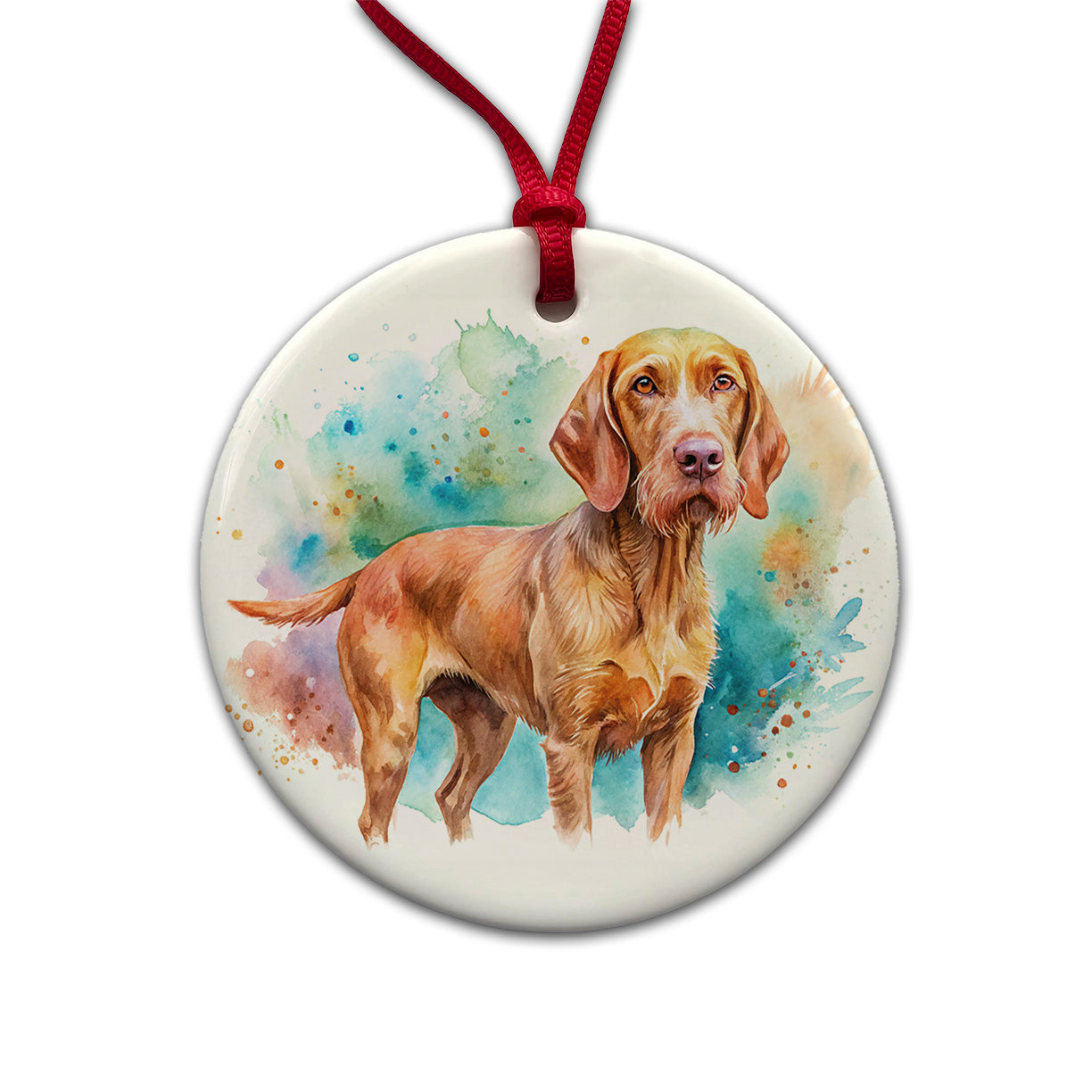 Wirehaired Vizsla Dog Watercolor Style Round Ceramic Holiday Christmas Tree Ornament