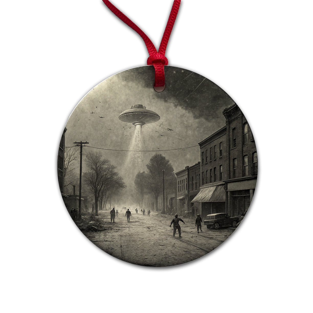 Alien Invasion Found Footage Black and White Round Ceramic Holiday Christmas Tree Ornament