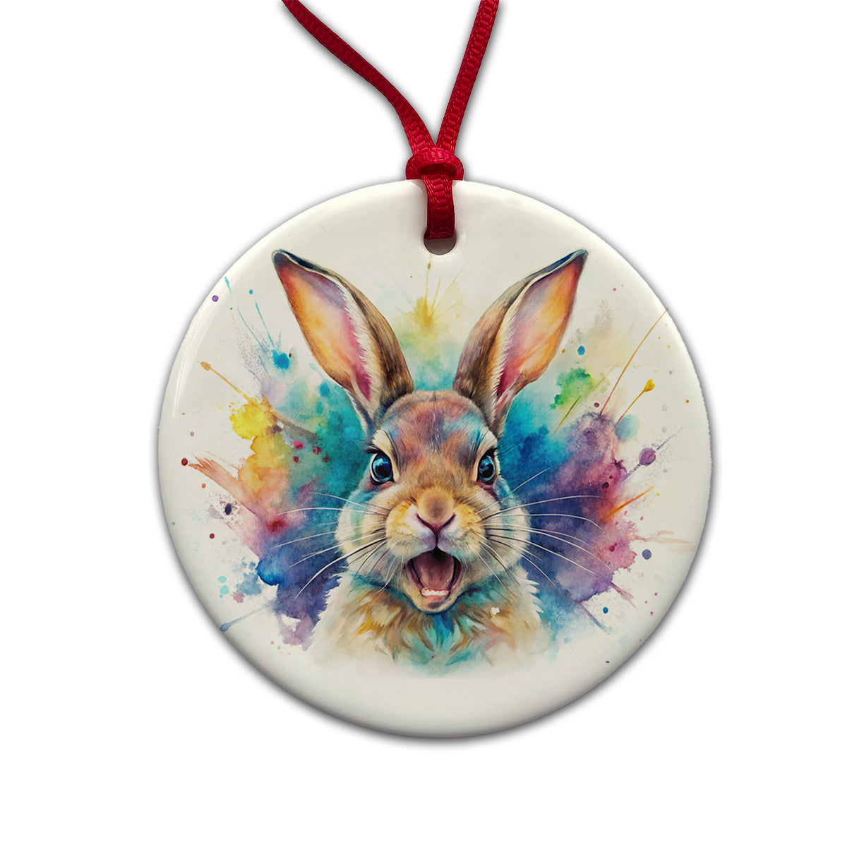 Angry Rabbit Bunny Watercolor Round Ceramic Holiday Christmas Tree Ornament