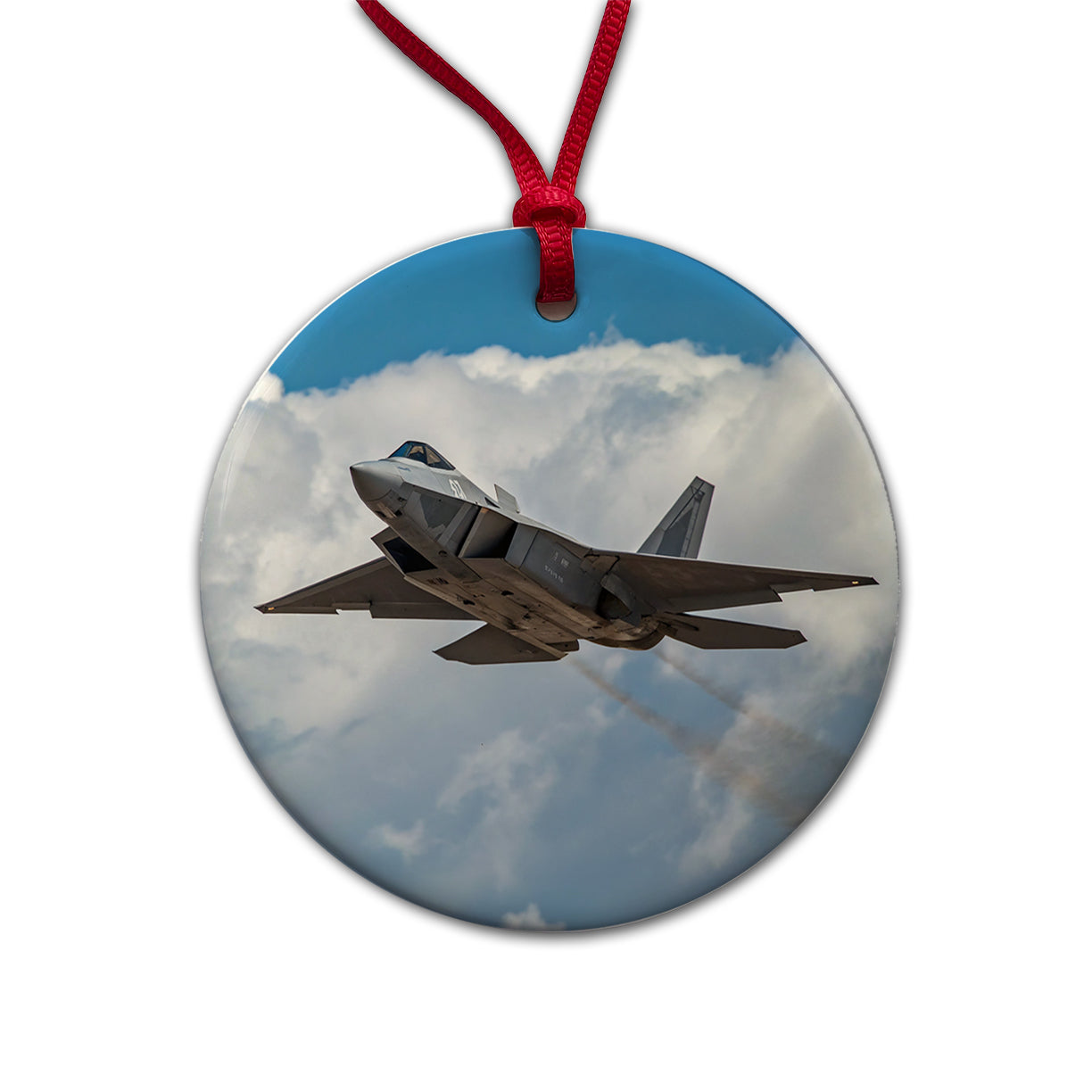 F-22 Raptor In Flight US Air Force Fighter Plane Round Ceramic Holiday Christmas Tree Ornament