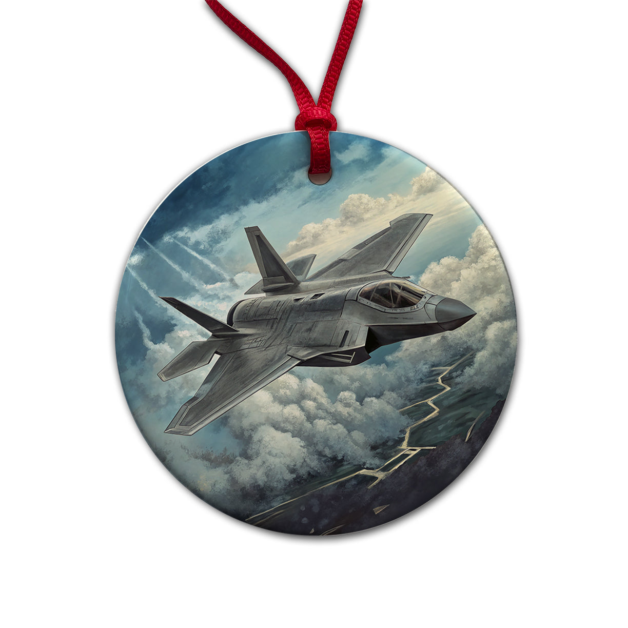 F-35 in Cloudy Sky US Air Force Navy Marines Plane Round Ceramic Holiday Christmas Tree Ornament