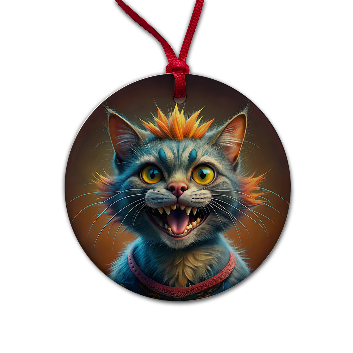 Funny Funky Crazy Cat Round Ceramic Holiday Christmas Tree Ornament