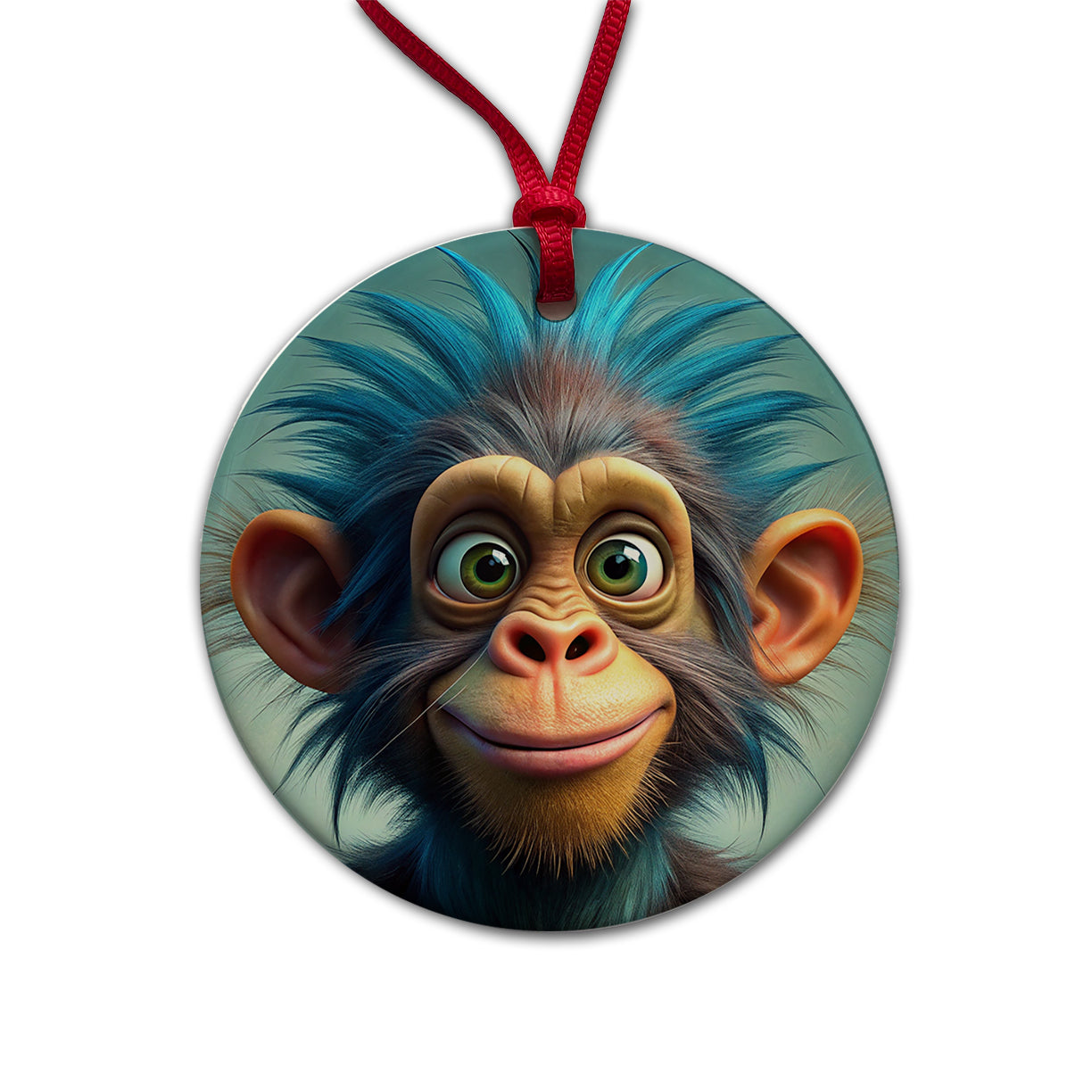 Funny Funky Crazy Monkey Round Ceramic Holiday Christmas Tree Ornament