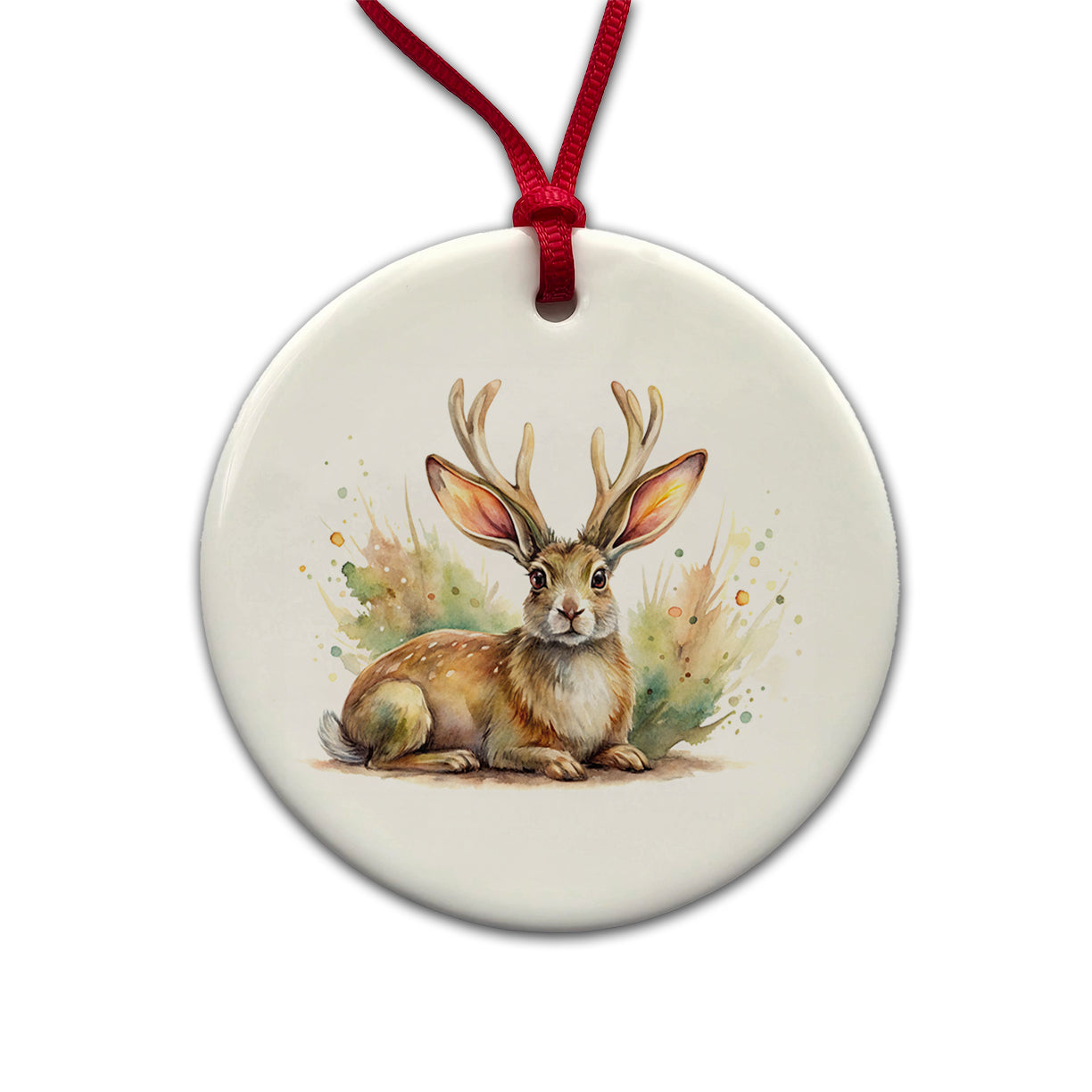 Jackalope Watercolor Round Ceramic Holiday Christmas Tree Ornament