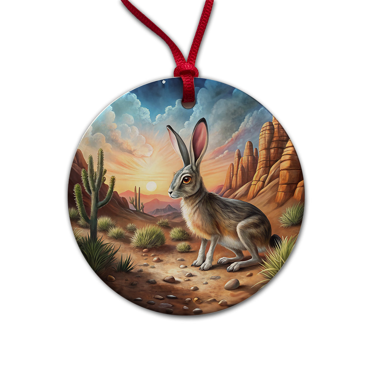Jackrabbit In Desert Round Ceramic Holiday Christmas Tree Ornament