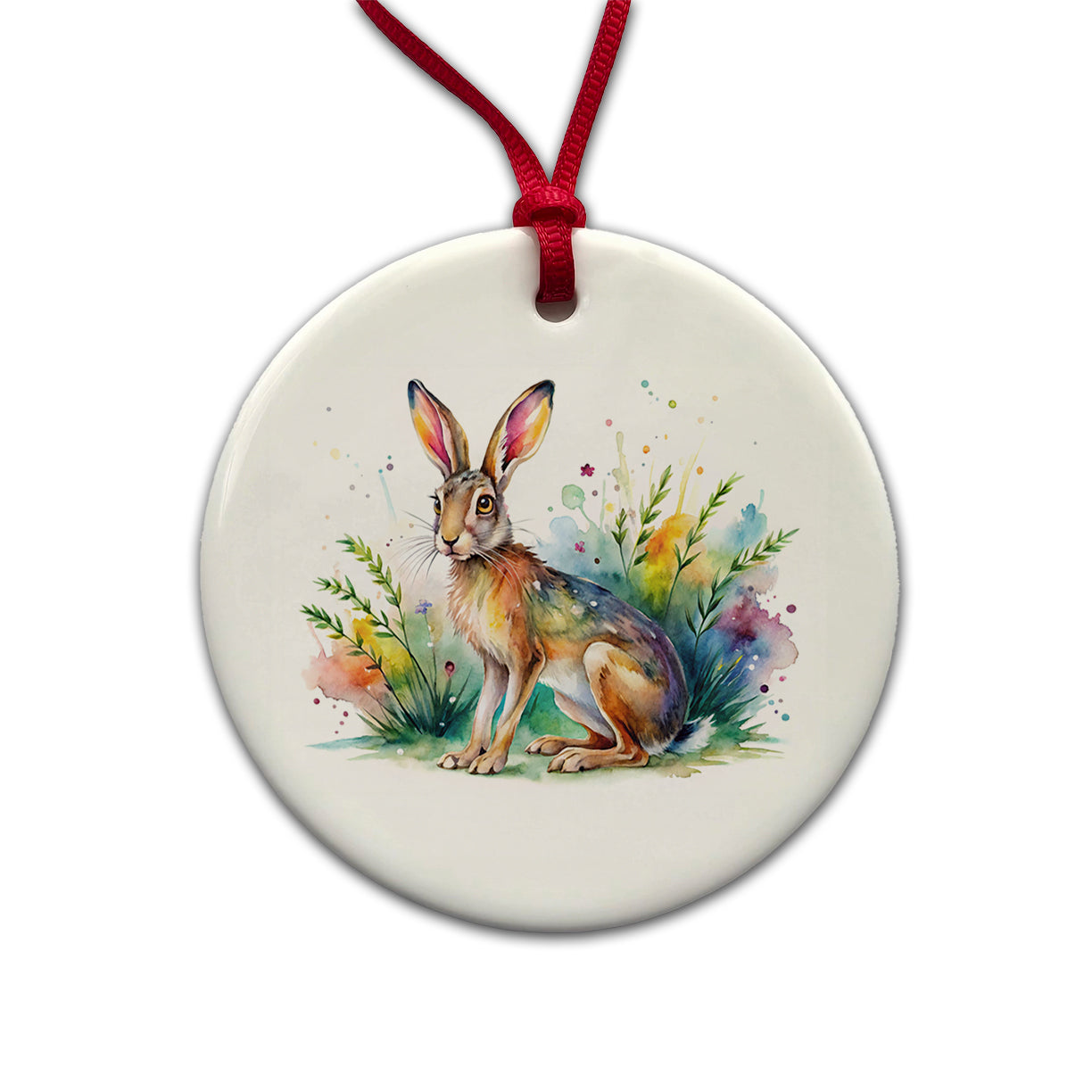 Jackrabbit Watercolor Round Ceramic Holiday Christmas Tree Ornament