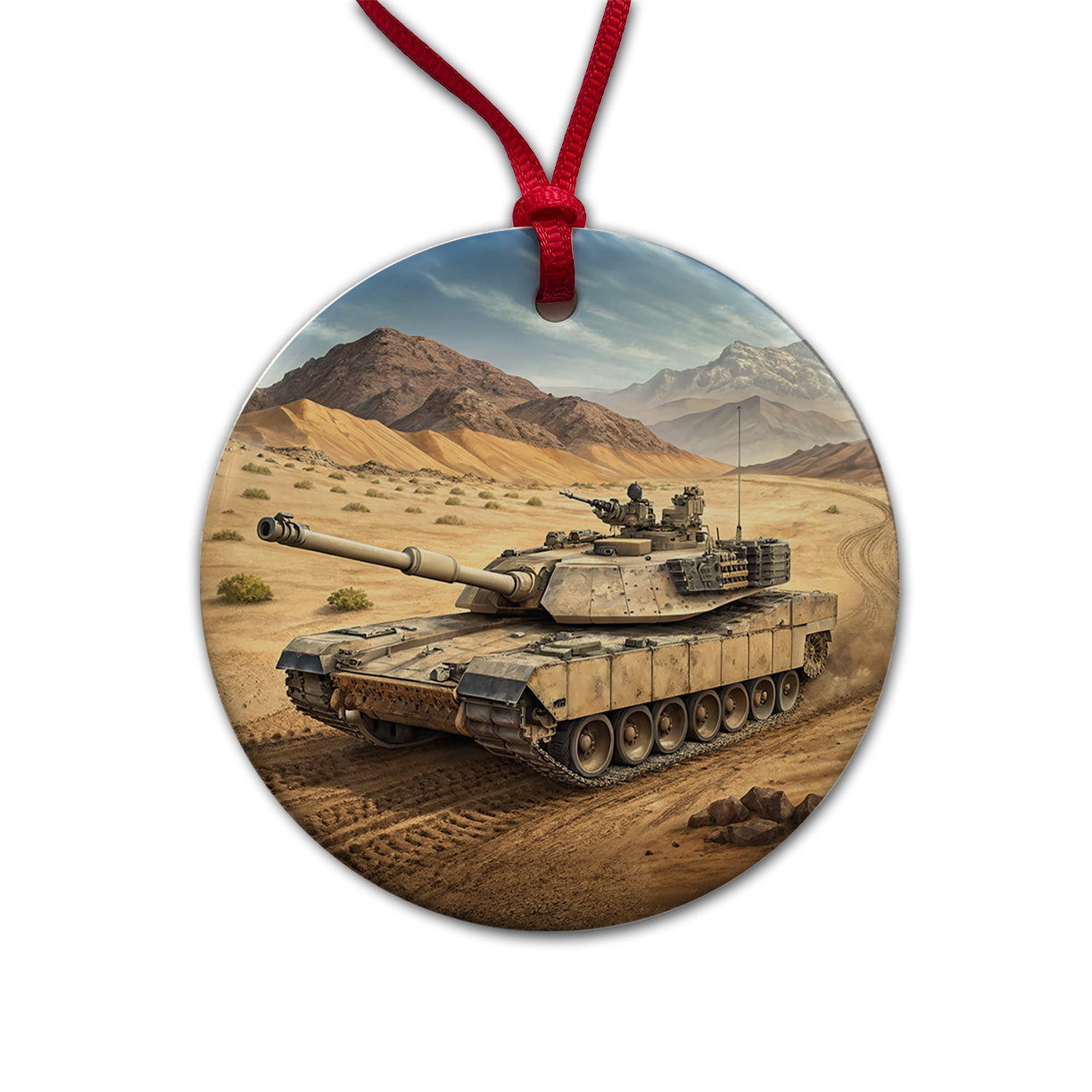 M1 Abrams Tank in the Desert Round Ceramic Holiday Christmas Tree Ornament