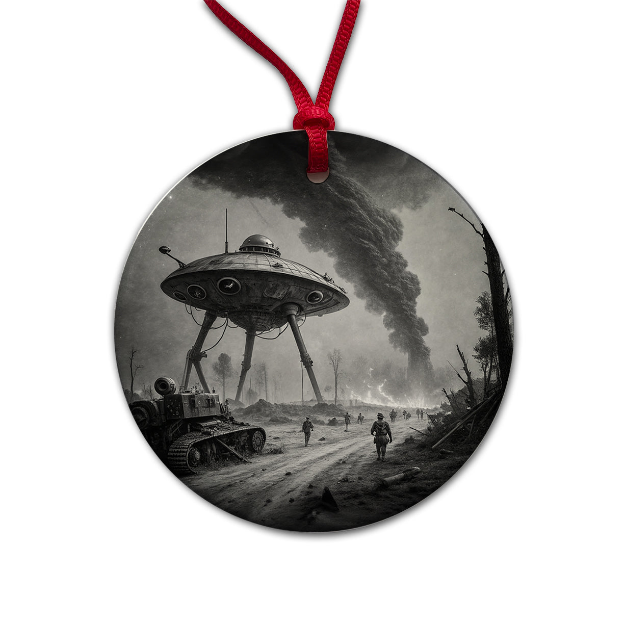 Martian Alien Invasion Tripod War Machine Retro Black and White Round Ceramic Holiday Christmas Tree Ornament