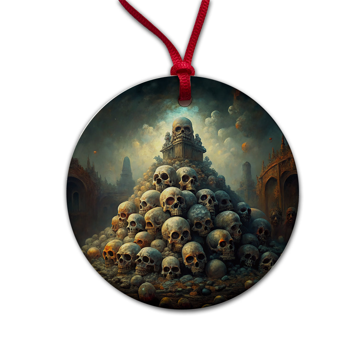Pile Of Skulls Death Gothic Round Ceramic Holiday Christmas Tree Ornament