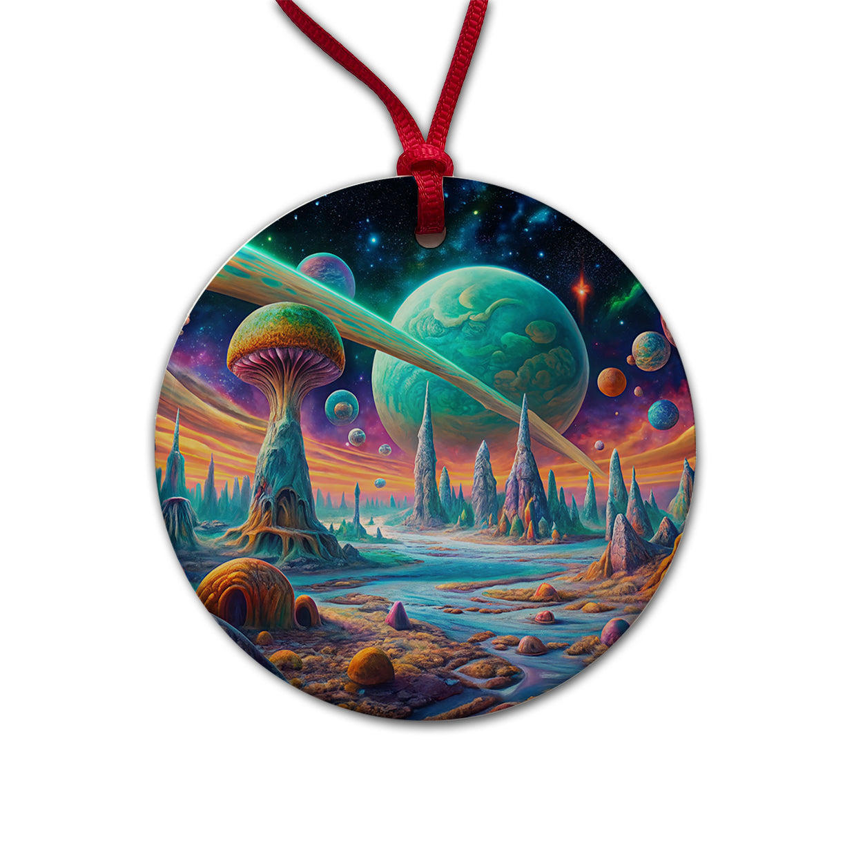 Psychedelic Alien Planet Vibrant Colors Round Ceramic Holiday Christmas Tree Ornament