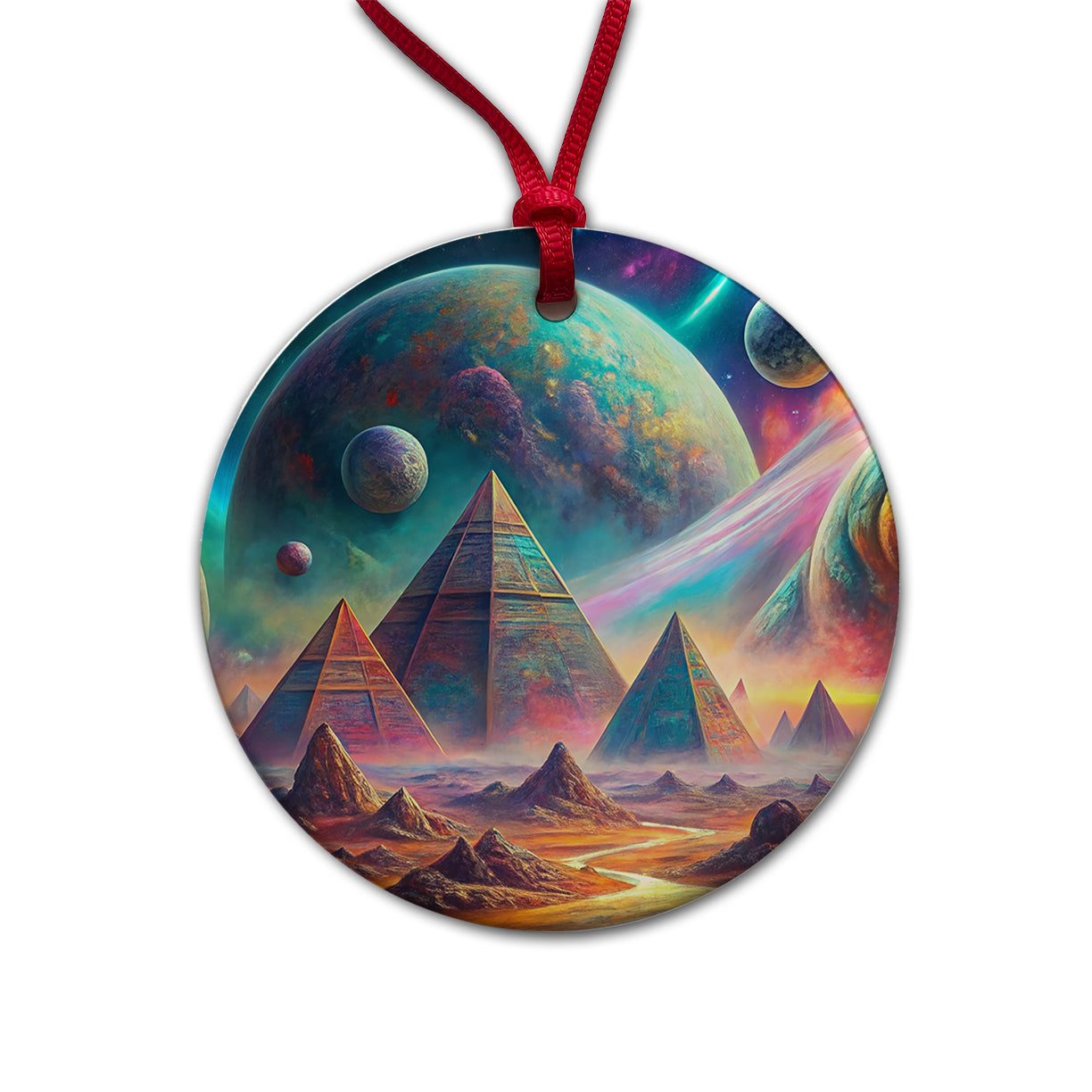 Psychedelic Alien Planet With Pyramids Vibrant Colors Round Ceramic Holiday Christmas Tree Ornament