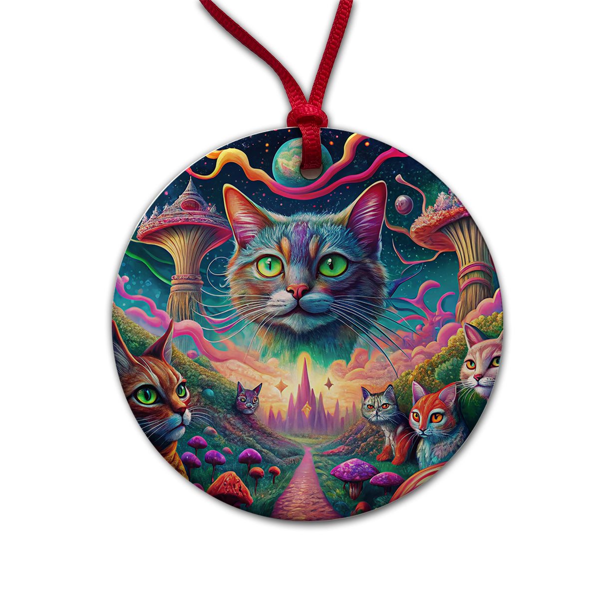 Psychedelic Cats Vibrant Colors Round Ceramic Holiday Christmas Tree Ornament