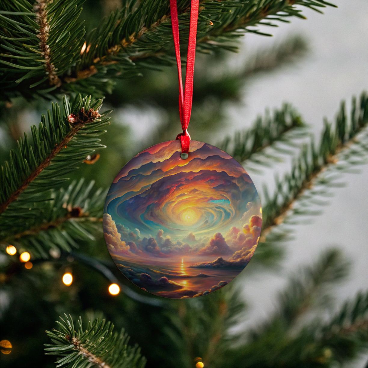 Psychedelic Cloudy Sky Pastel Colors Round Ceramic Holiday Christmas Tree Ornament