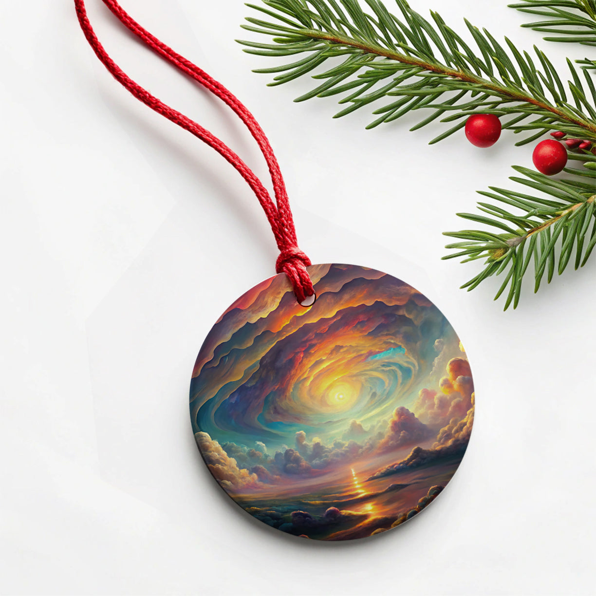 Psychedelic Cloudy Sky Pastel Colors Round Ceramic Holiday Christmas Tree Ornament