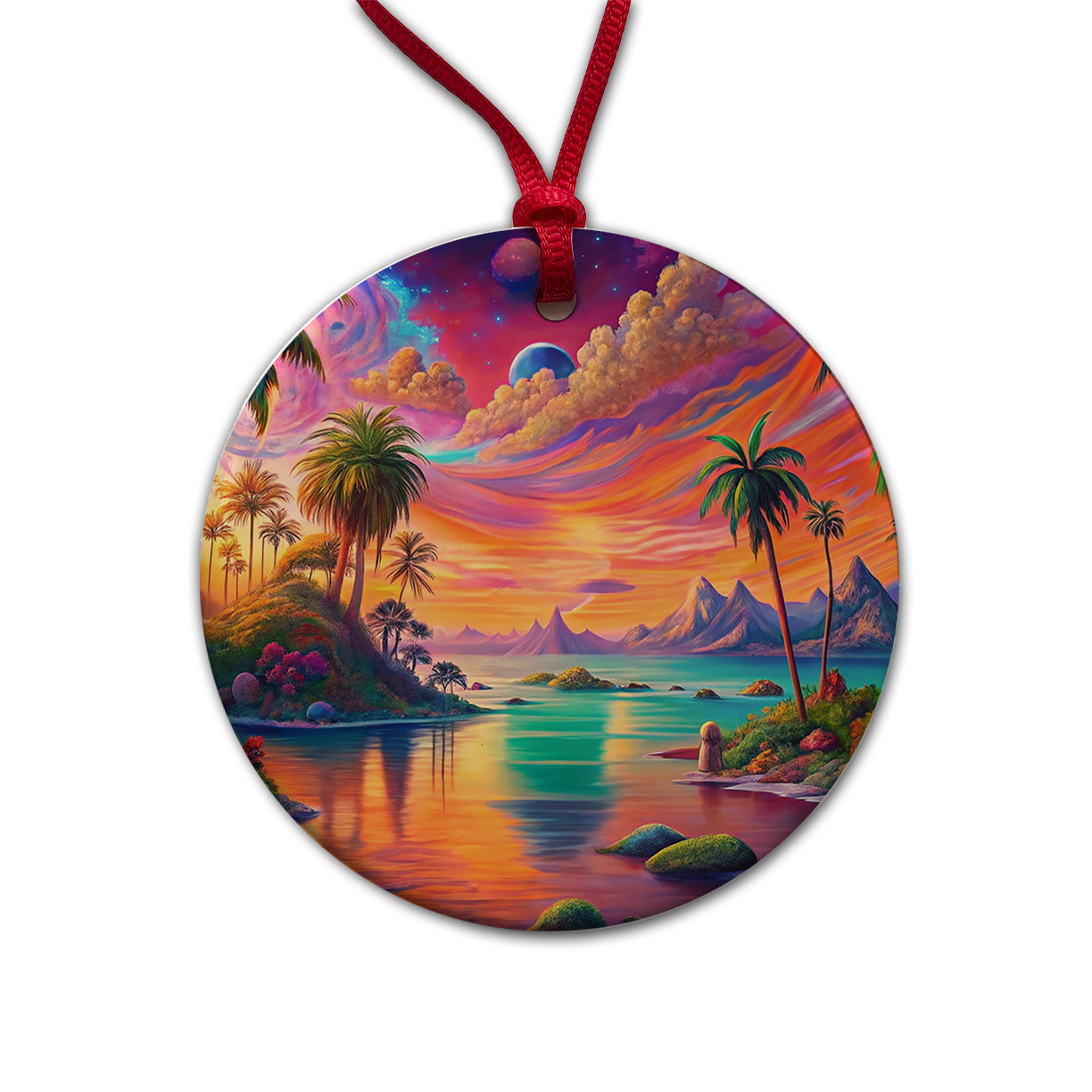 Psychedelic Colorful Tropical Beach Scene Round Ceramic Holiday Christmas Tree Ornament
