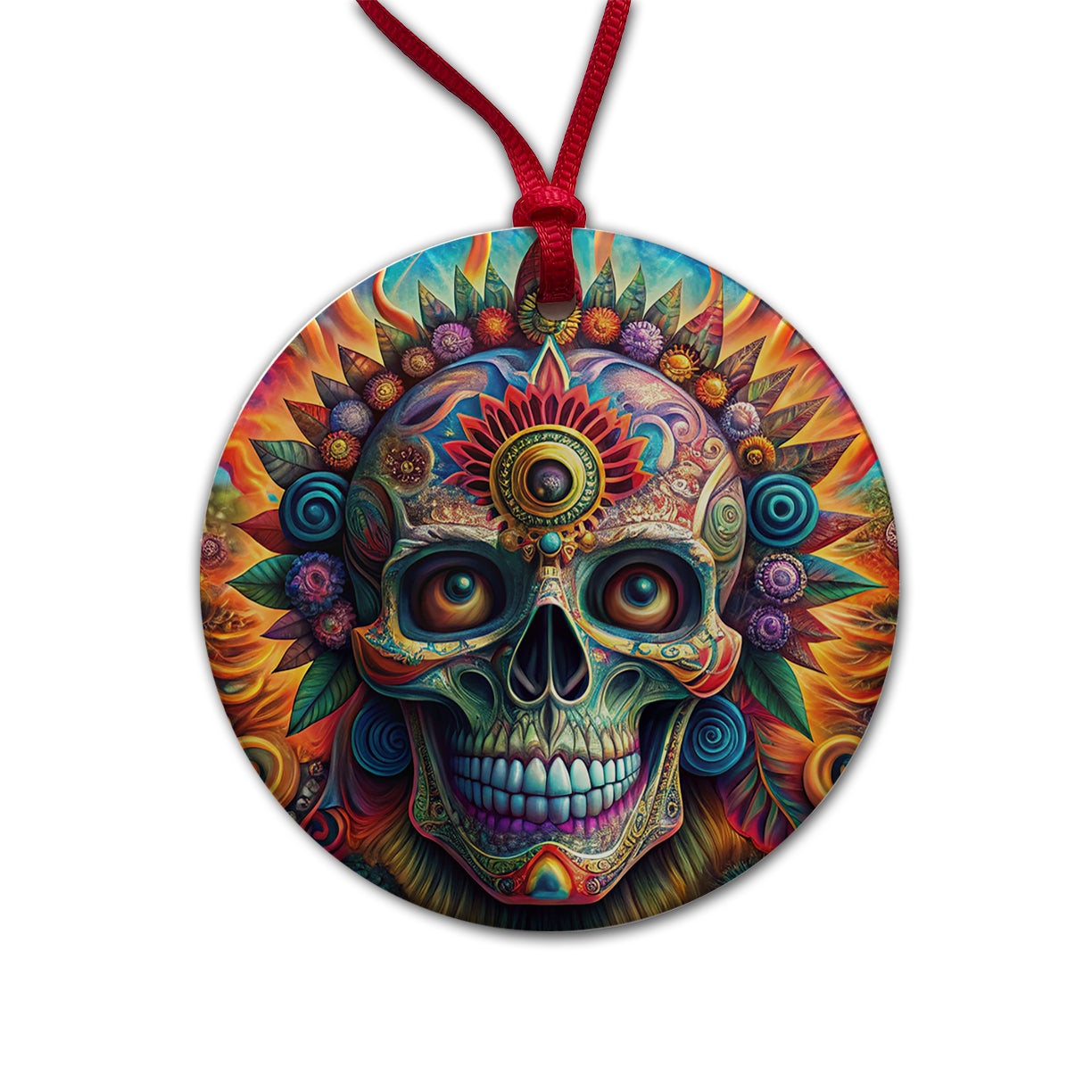 Psychedelic Day of the Dead Skull Vibrant Colors Round Ceramic Holiday Christmas Tree Ornament