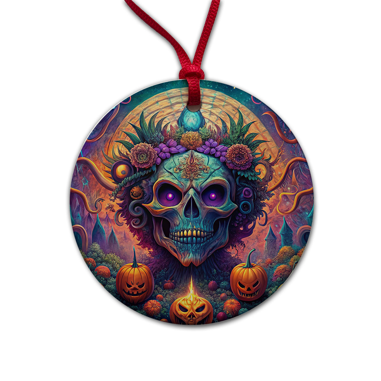 Psychedelic Halloween Skulls Pumpkins Vibrant Colors Round Ceramic Holiday Christmas Tree Ornament