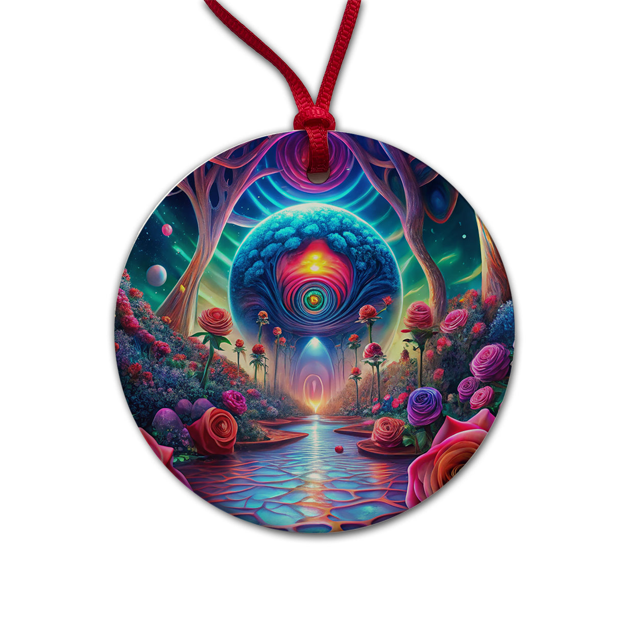 Psychedelic Lots of Colorful Roses Design Round Ceramic Holiday Christmas Tree Ornament