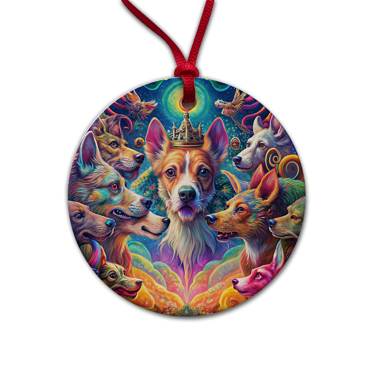Psychedelic Lots of Dogs Vibrant Colors Round Ceramic Holiday Christmas Tree Ornament