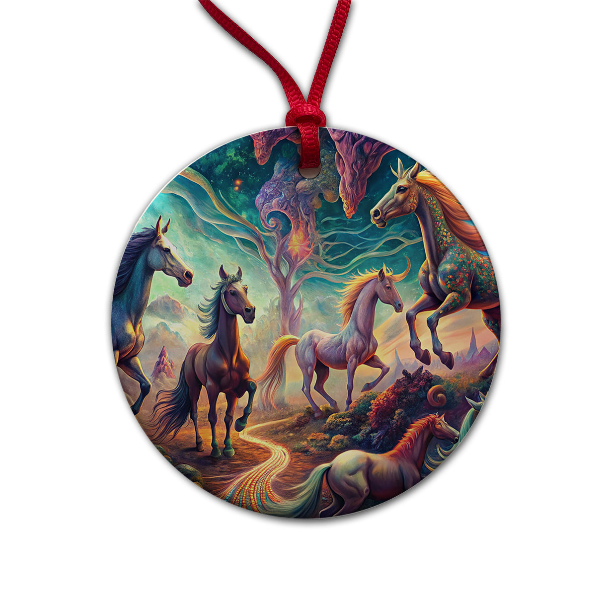 Psychedelic Lots of Horses Vibrant Colors Round Ceramic Holiday Christmas Tree Ornament