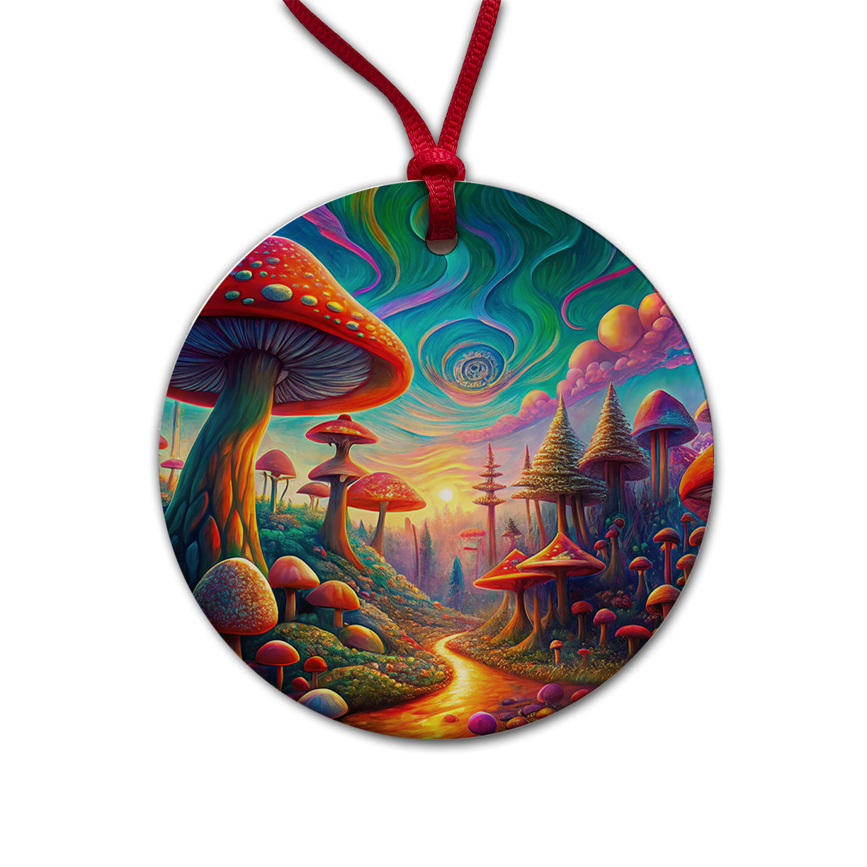 Psychedelic Lots of Mushrooms Vibrant Colors Round Ceramic Holiday Christmas Tree Ornament