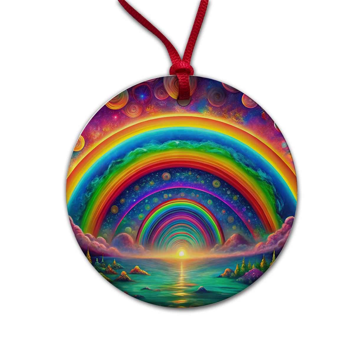 Psychedelic Lots of Rainbows Colors Round Ceramic Holiday Christmas Tree Ornament