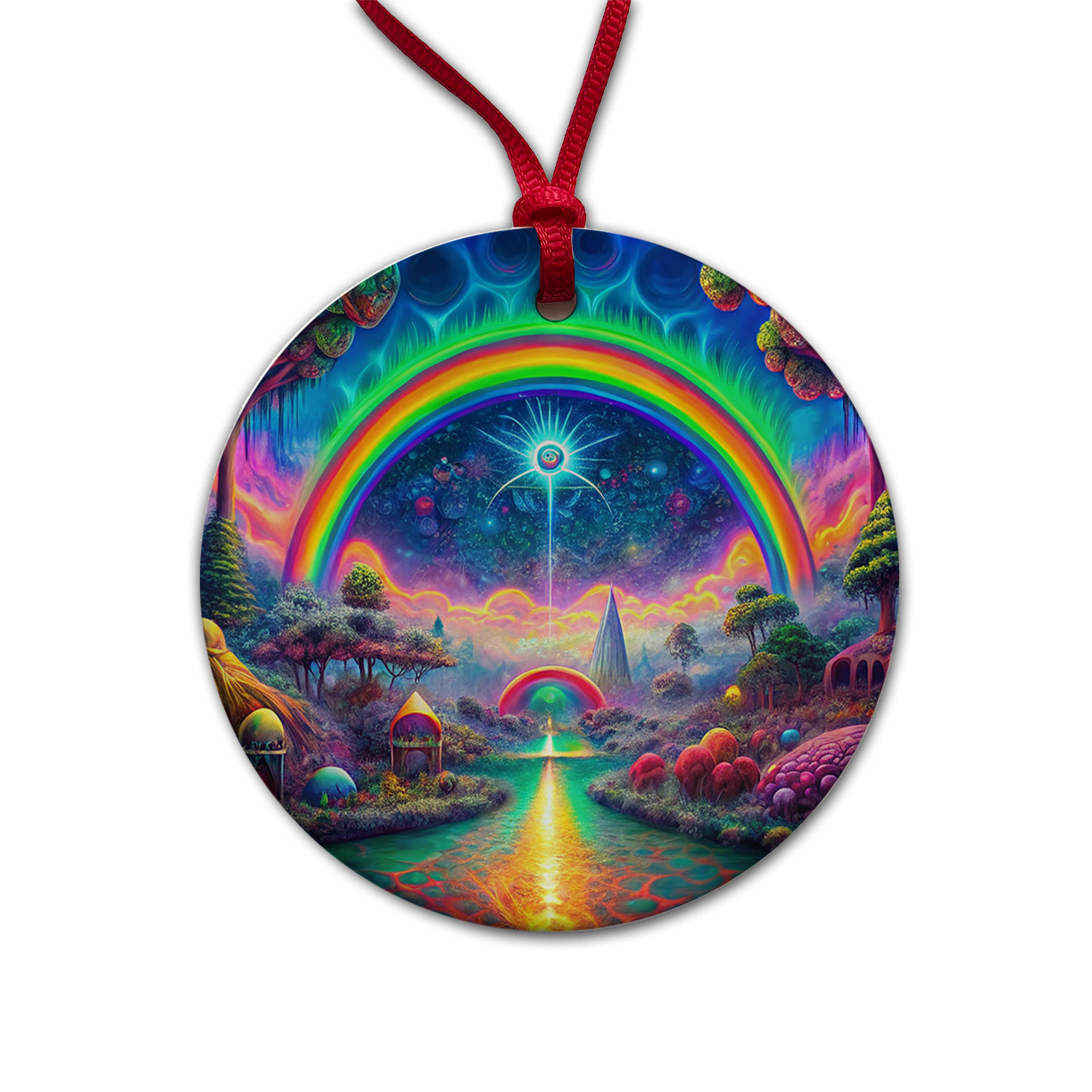 Psychedelic Rainbow Scene Round Ceramic Holiday Christmas Tree Ornament