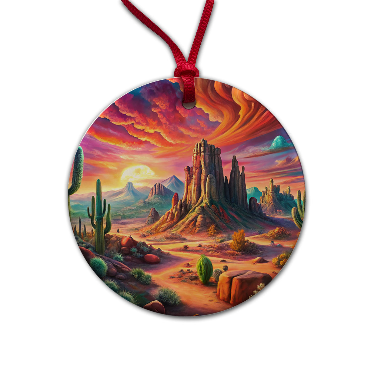 Psychedelic Southwest Desert Scene Round Ceramic Holiday Christmas Tree Ornament