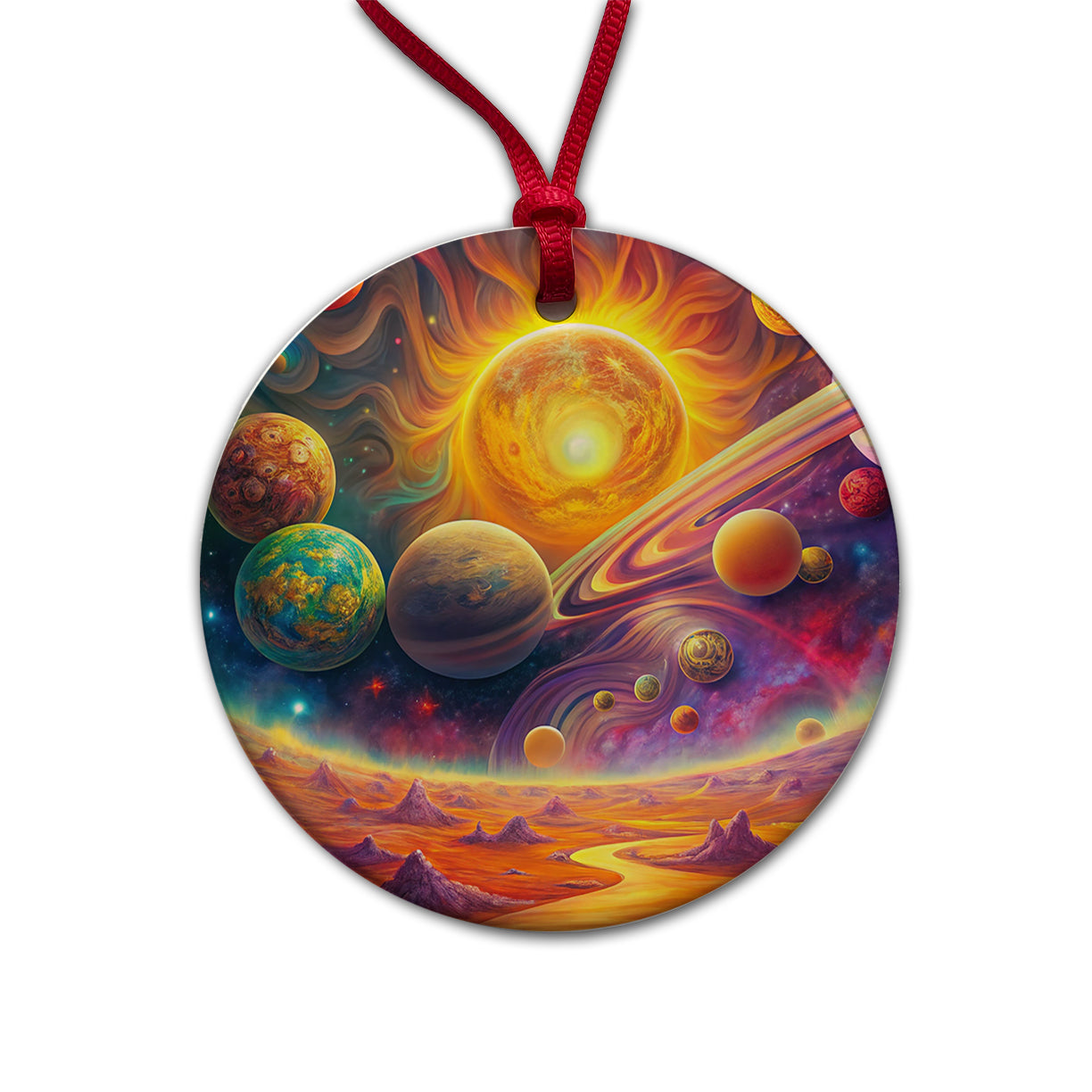 Psychedelic Sun And Planets Solar System Round Ceramic Holiday Christmas Tree Ornament