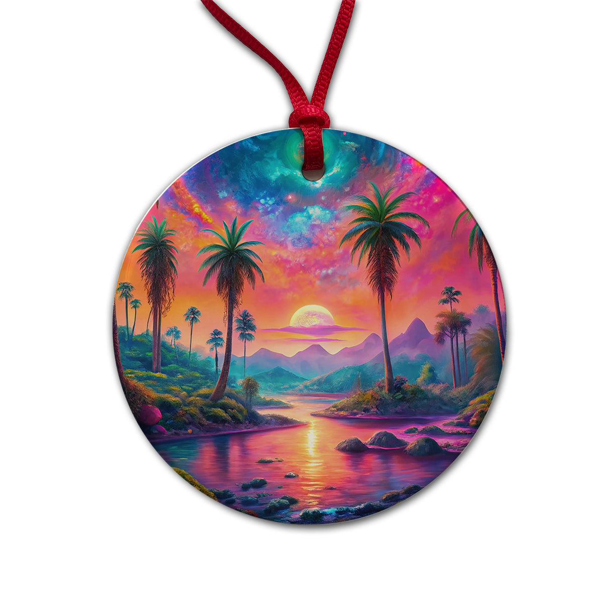 Psychedelic Tropical Palm Trees Colorful Scene Round Ceramic Holiday Christmas Tree Ornament