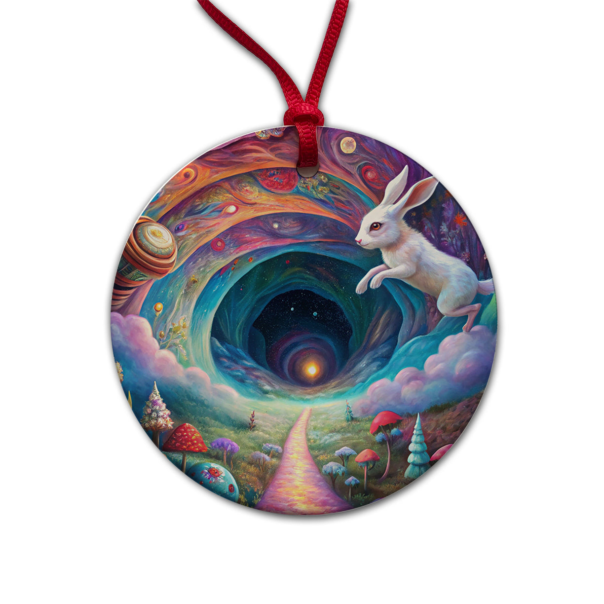 Psychedelic Wonderland White Rabbit Going Down The Hole Round Ceramic Holiday Christmas Tree Ornament