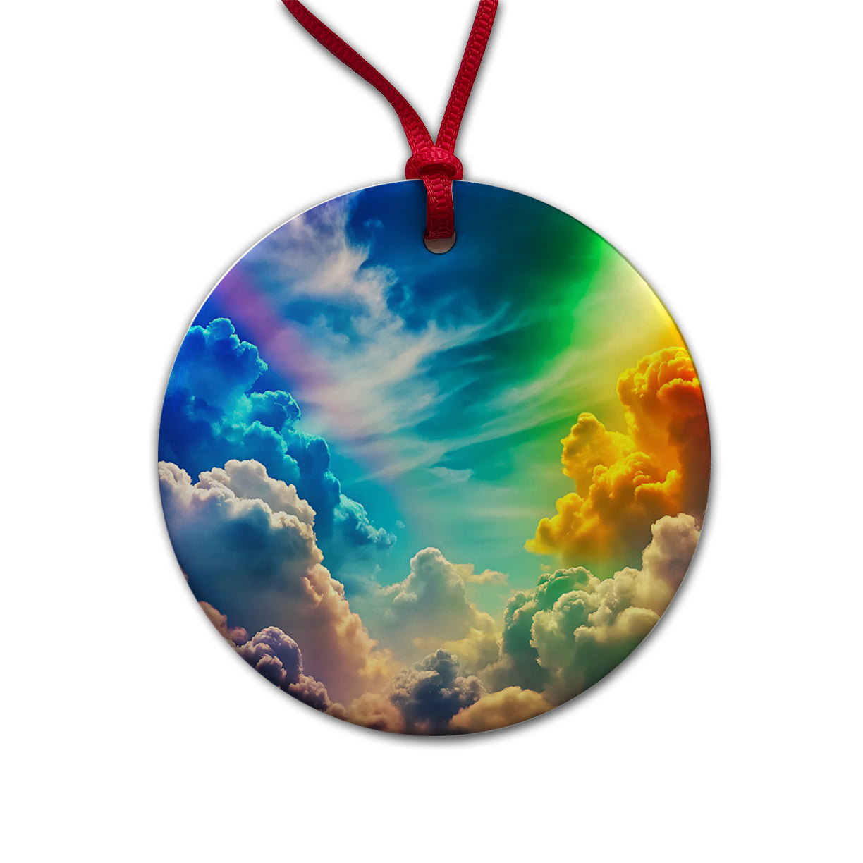 Rainbow Clouds Round Ceramic Holiday Christmas Tree Ornament