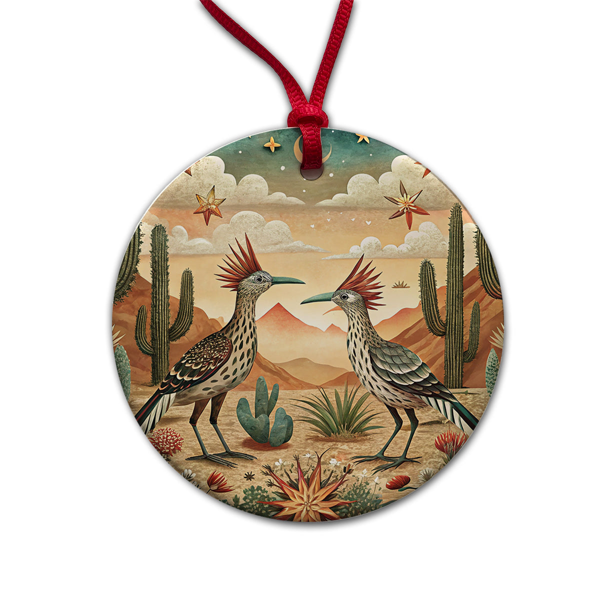 Southwestern Desert Tribal Roadrunners Design Round Ceramic Holiday Christmas Tree Ornament
