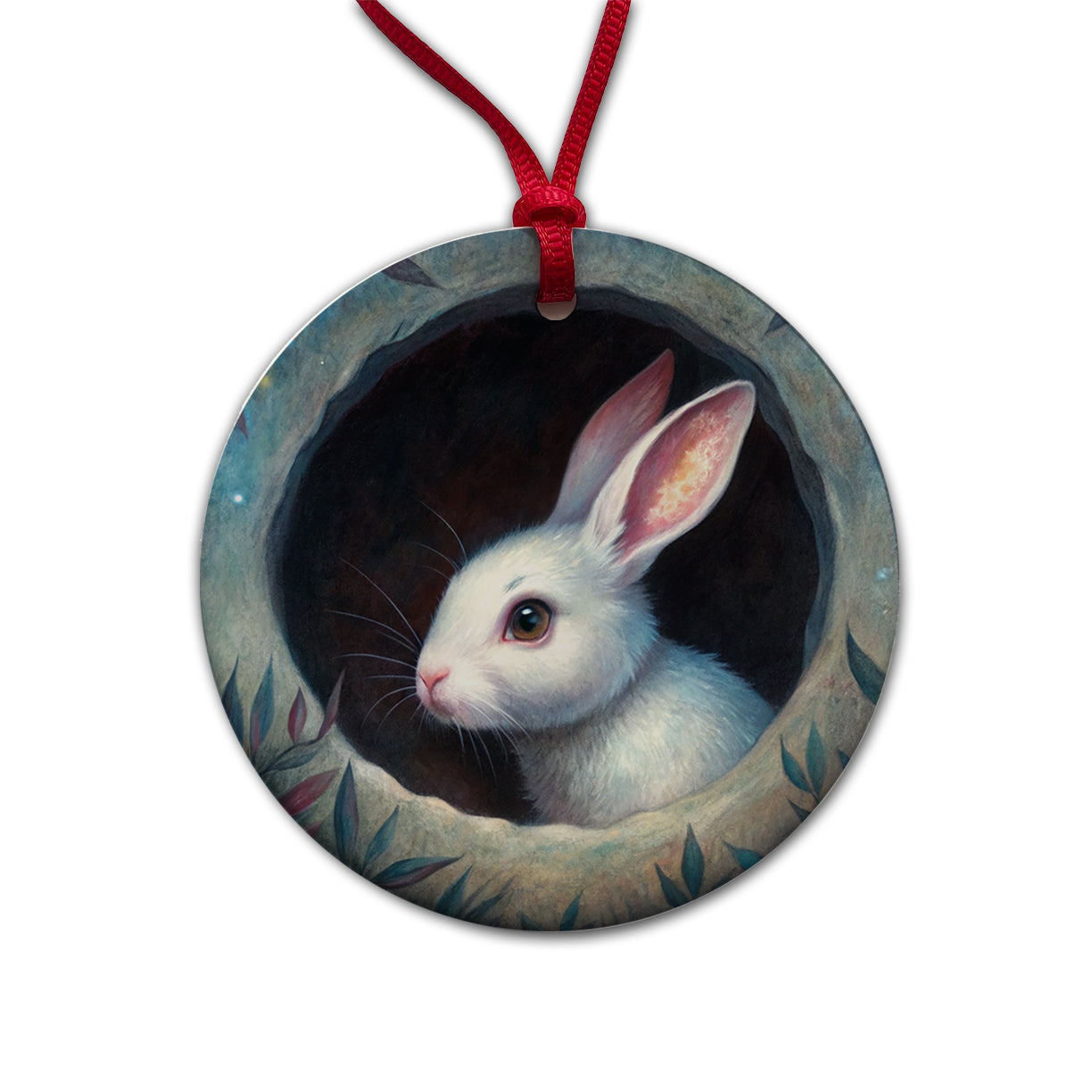 White Rabbit Bunny In A Dark Hole Round Ceramic Holiday Christmas Tree Ornament