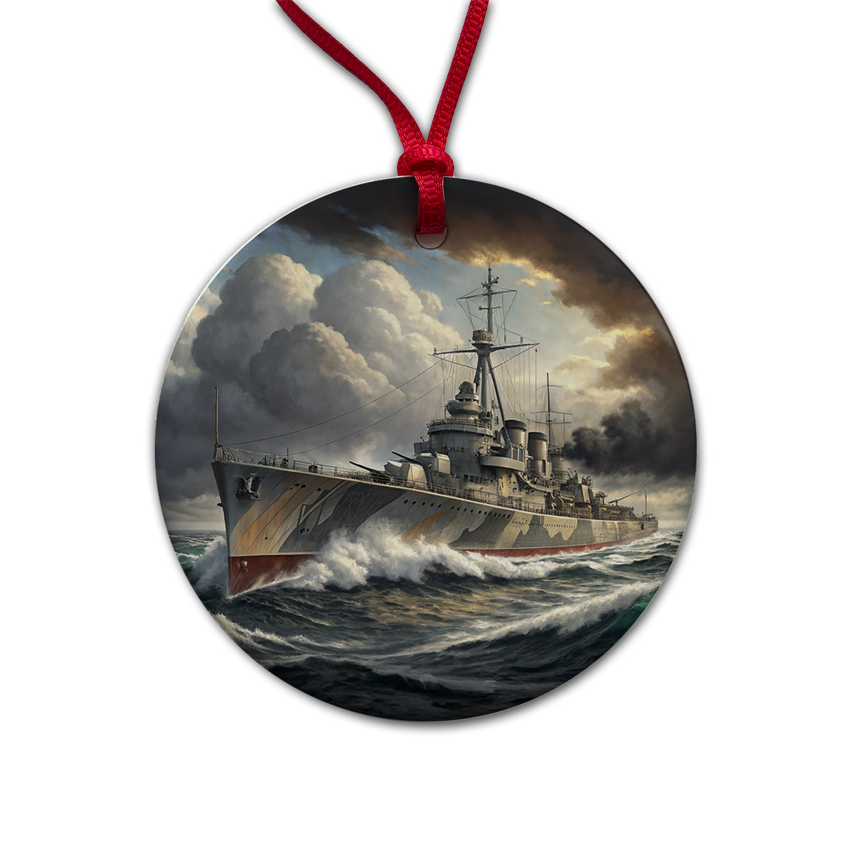 WWII Destroyer at Sea Round Ceramic Holiday Christmas Tree Ornament
