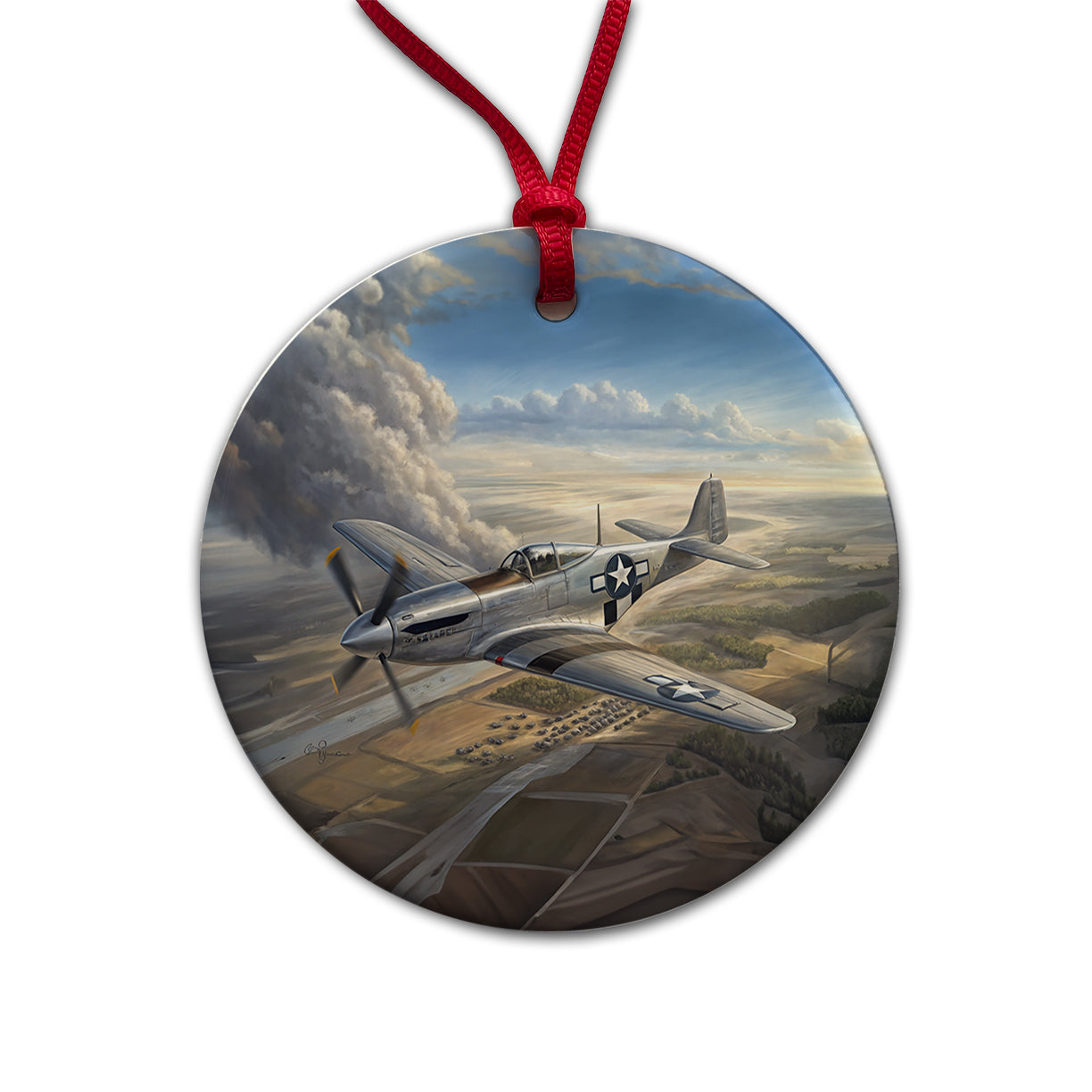 WWII Mustang Fighter Plane In Flight Round Ceramic Holiday Christmas Tree Ornament
